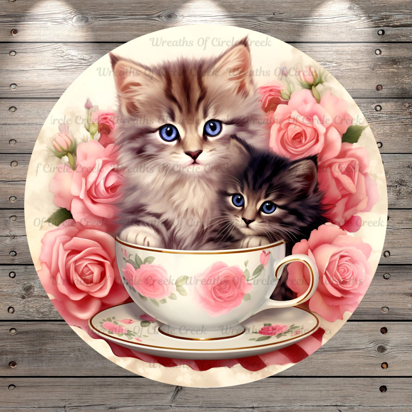 Cat Sign, Kitten, Teacup, Pink Roses, Round, Lightweight, Metal, Wreath Sign, With No Holes