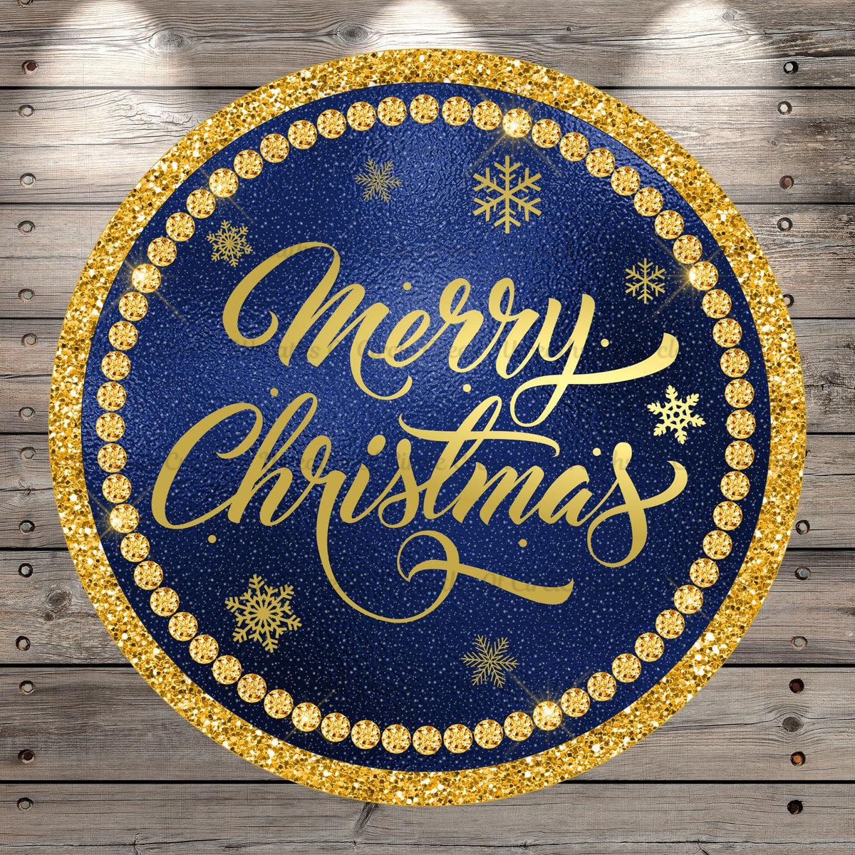 Blue And Gold, Merry Christmas, Wreath Sign, No Holes, Round UV Coated, Metal