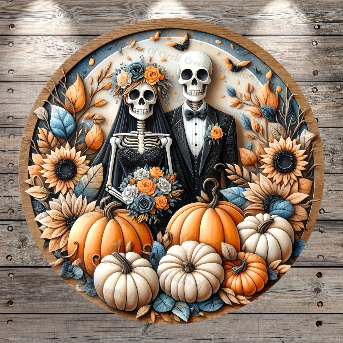 Skeleton Couple, Fall Foliage, Pumpkins, Fall, Halloween, Wedding, Light Weight, Metal, Wreath Sign, No Holes In Sign