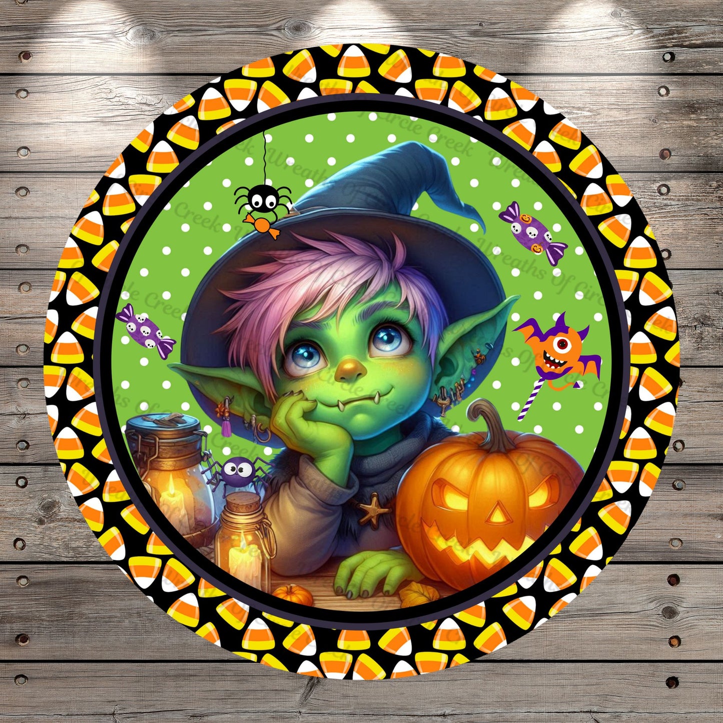 Green Goblin, Wizard, Happy Halloween, Halloween Candy, Round, Light Weight, Metal Wreath Sign, No Holes In Sign