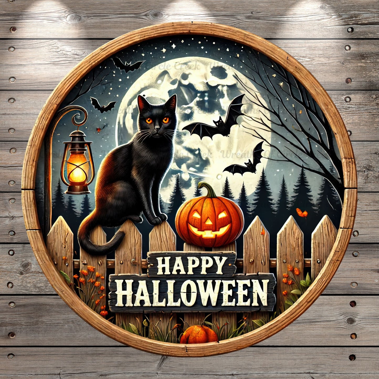 Black Cat, Full Moon, Jack-O-Lantern, Bats, Happy Halloween, Rustic, Round, Light Weight, Metal Wreath Sign, No Holes In Sign