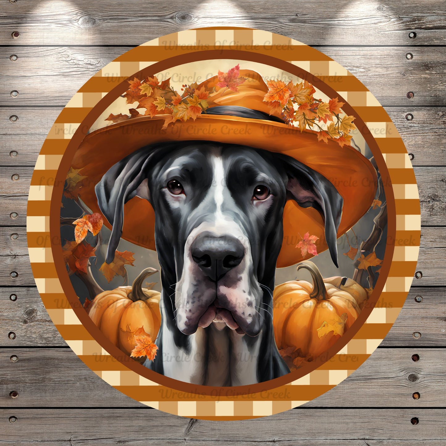 Fall, Great Dane, Pumpkins, Plaid Border, Round UV Coated, Metal Sign, No Holes