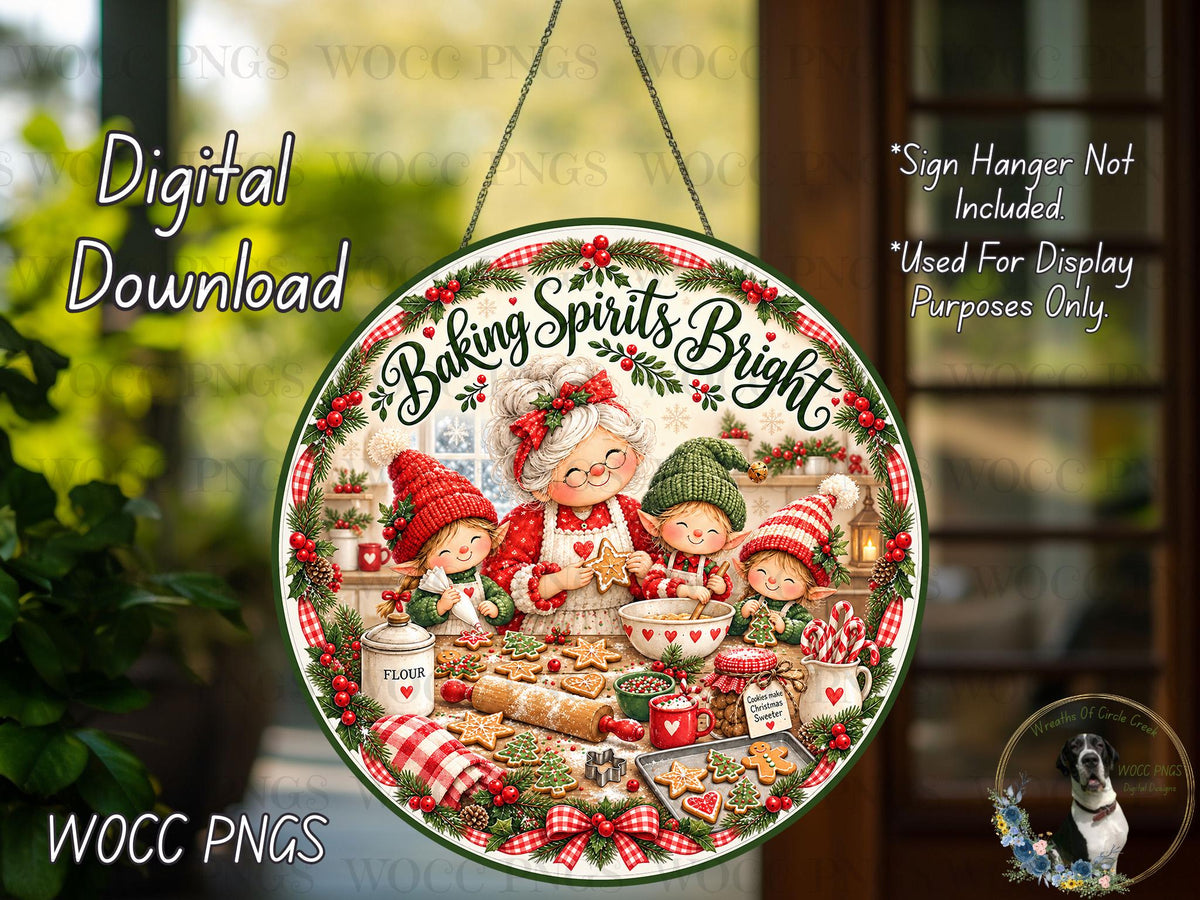The image is a digital download of a round sign featuring a festive scene with a woman and three children baking cookies and other holiday-themed items.
