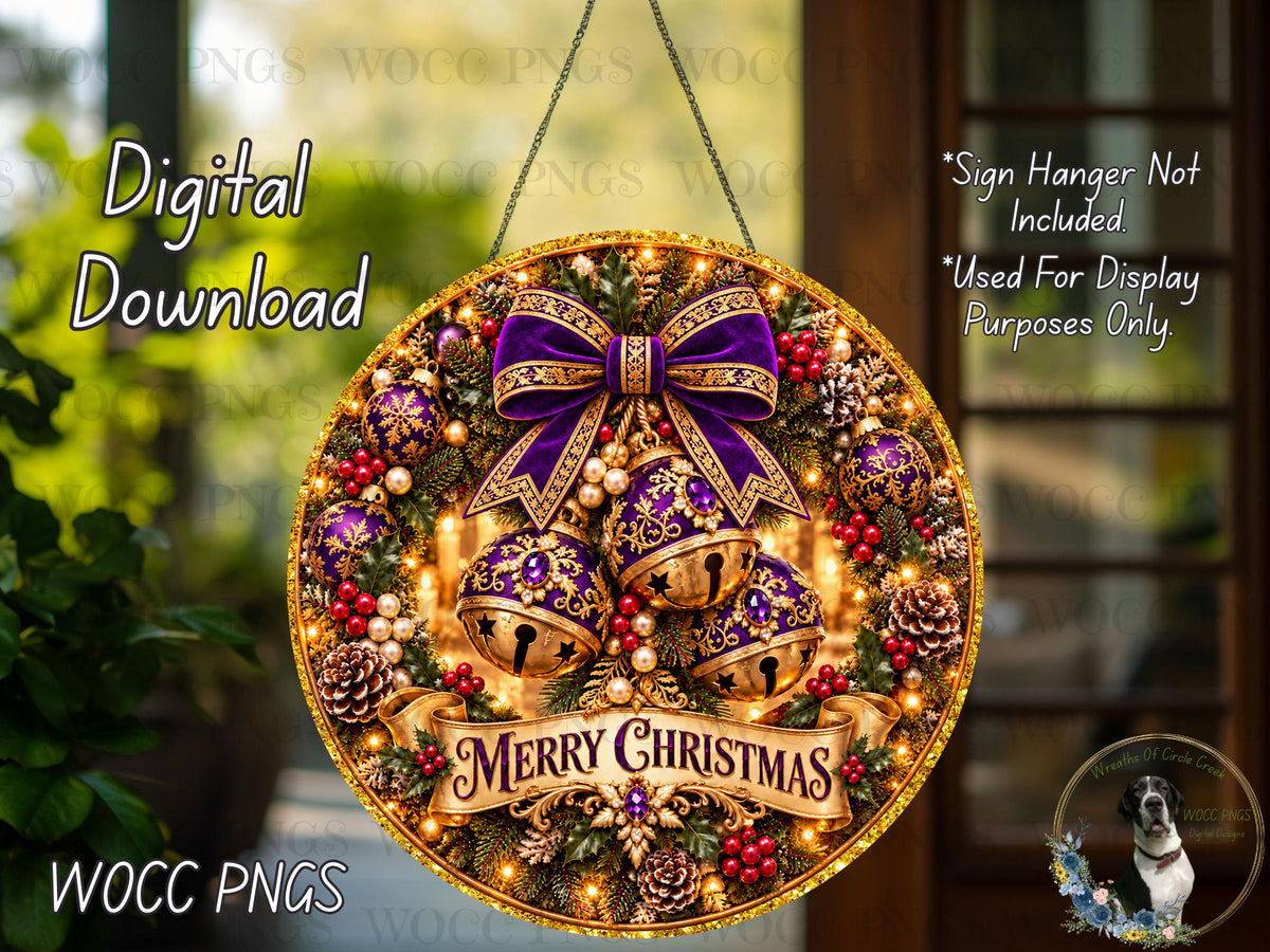 The image is a digital download of a Christmas wreath with bells and ornaments, featuring a purple bow and the text "Merry Christmas".