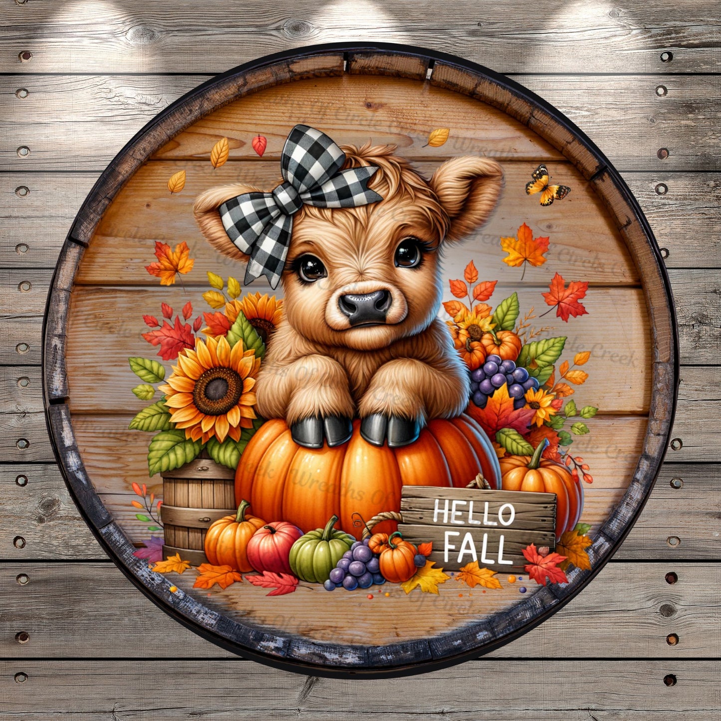Highland Cow, Hello Fall, Black and White, Bow, Faux Wood, Rustic, Round, Light Weight, Metal, Wreath Sign, No Holes In Sign