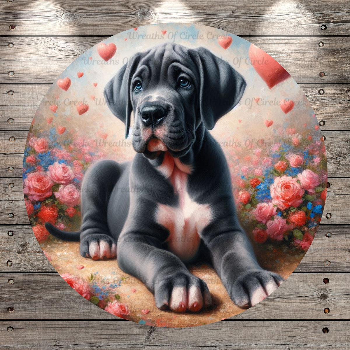 Silver Great Dane Puppy, Gray and White Puppy, Hearts, Valentines, Florals, Whimsical, Round, Light Weight, Metal Wreath Sign, No Holes UV Coated