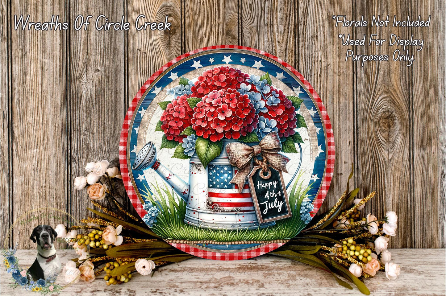 A decorative plate featuring a patriotic design with a red, white, and blue border, surrounded by flowers and greenery. The plate has a label that reads "Happy 4th July".