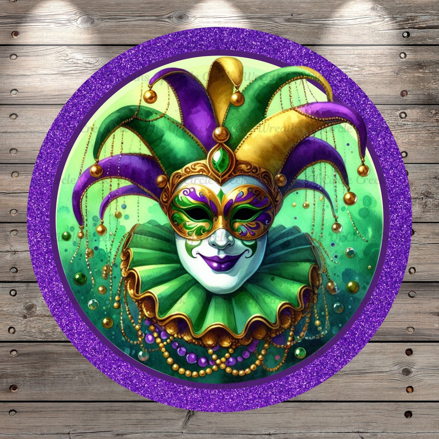 Mardi Gras Jester, Gold, Purple, Green, Purple Glitter, Round, Light Weight, Metal Wreath Sign, No Holes
