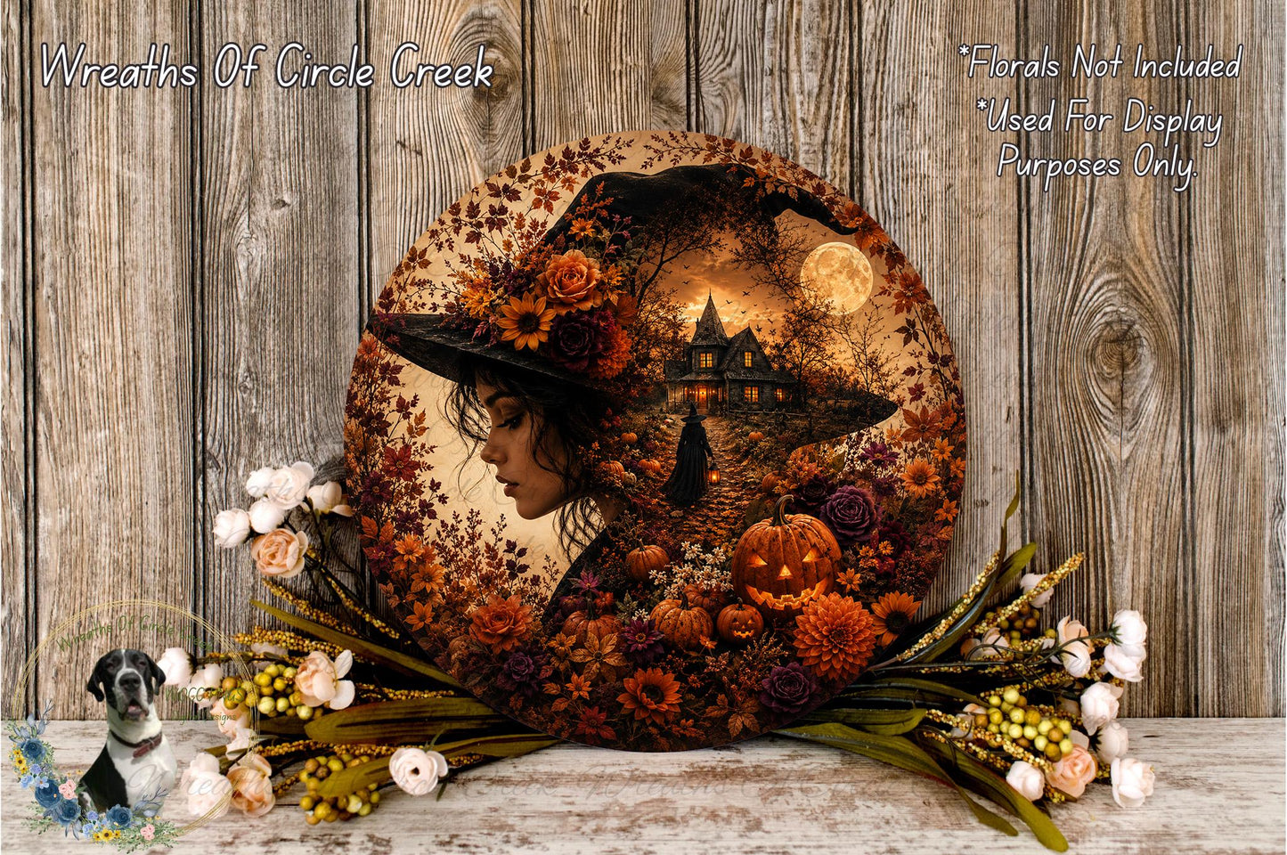 a round wreath with a woman's profile and a nighttime landscape scene, surrounded by various fall-themed elements such as pumpkins, flowers, and leaves.