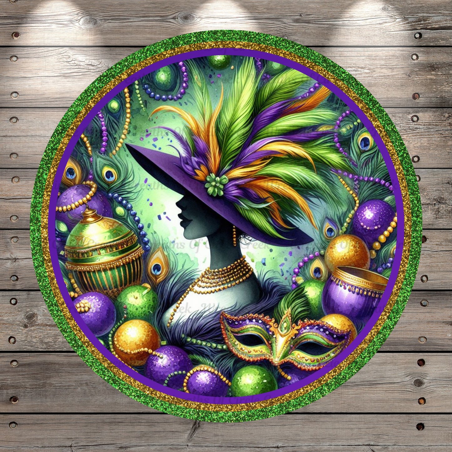 Mardi Gras, Lady, Top Hat, Gold, Purple, Green, Round, Light Weight, Metal Wreath Sign, No Holes
