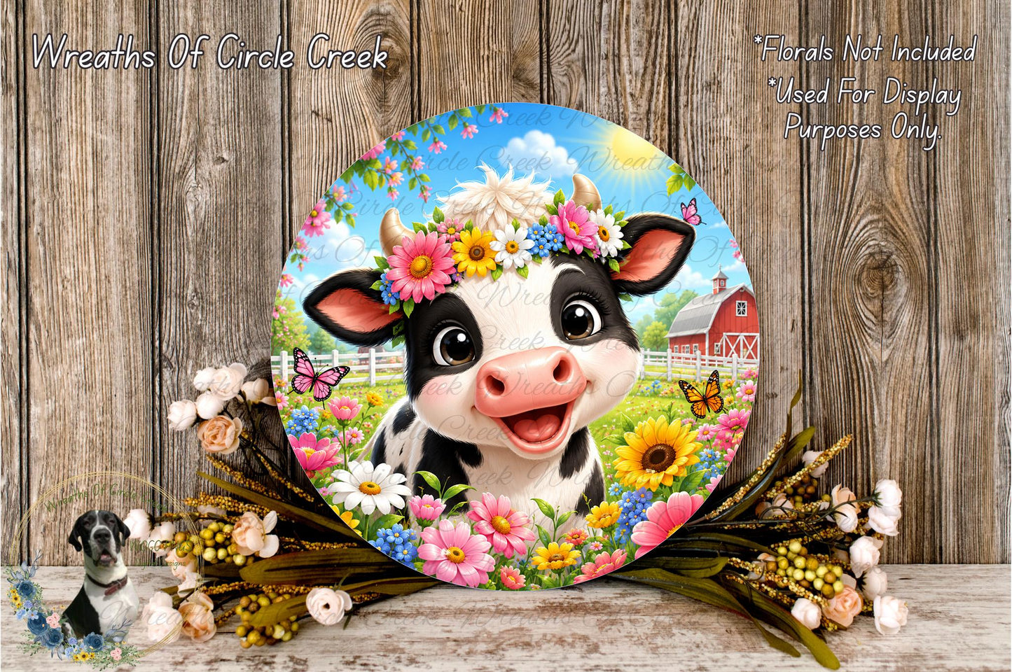 A cheerful cow wearing a flower crown is surrounded by a vibrant floral arrangement and butterflies, set against a rustic wooden background.