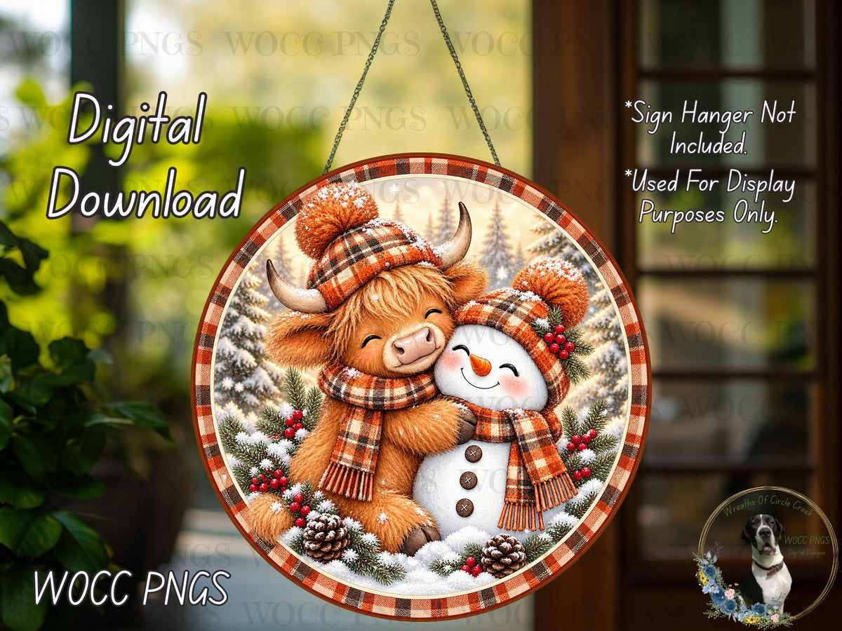 A digital download of a winter scene featuring a cow and a snowman, with a snowy landscape and pine trees in the background.