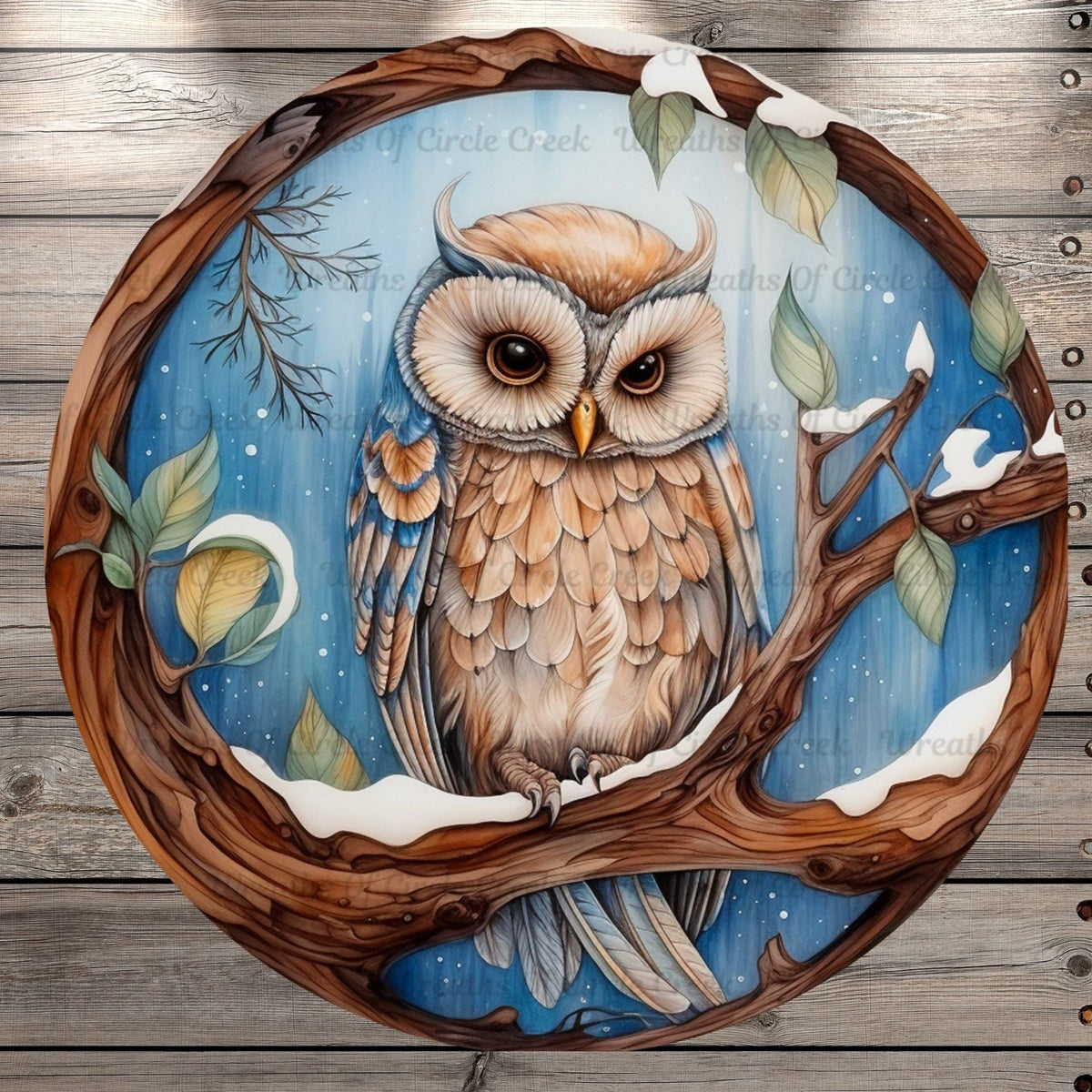 Winter Woodland Owl, Warm Wishes, Round, Light Weight, Metal Wreath Sign, No Holes
