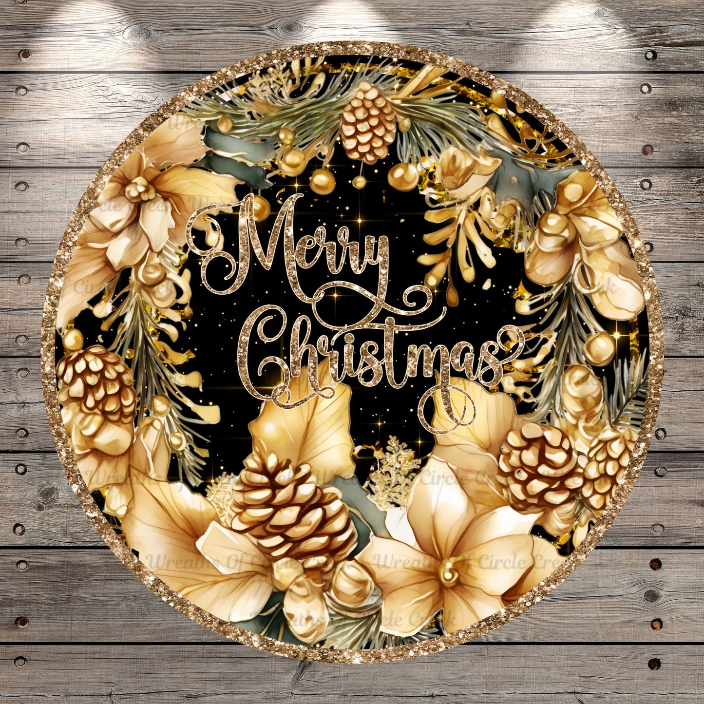 Gold and Black, Merry Christmas, Gold Wreath Foliage, Round, Light Weight, Metal, Wreath Sign, No Holes In Sign