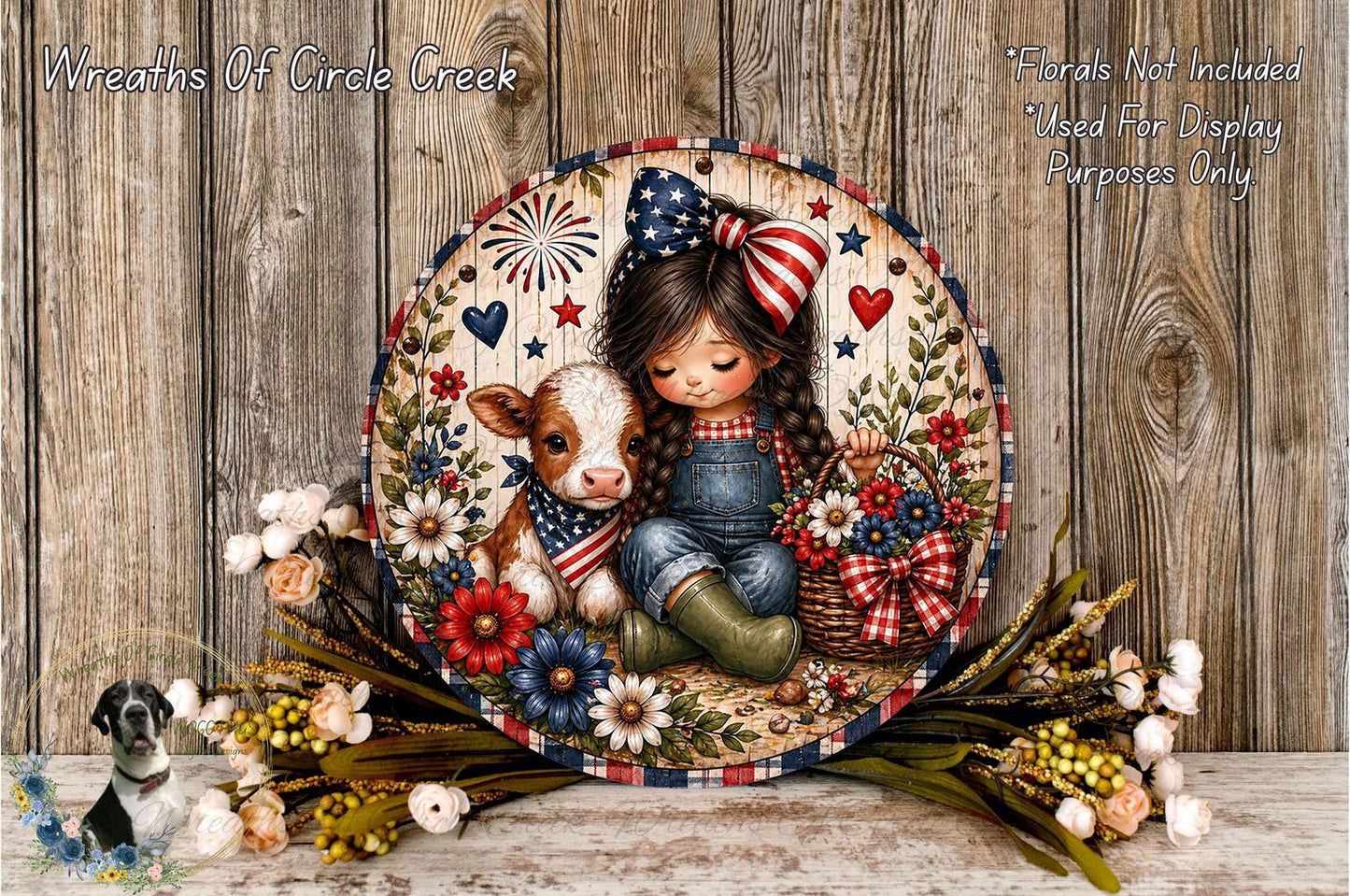 A decorative plate featuring a young girl and a cow surrounded by flowers and patriotic symbols, such as stars and stripes, against a wooden background.
