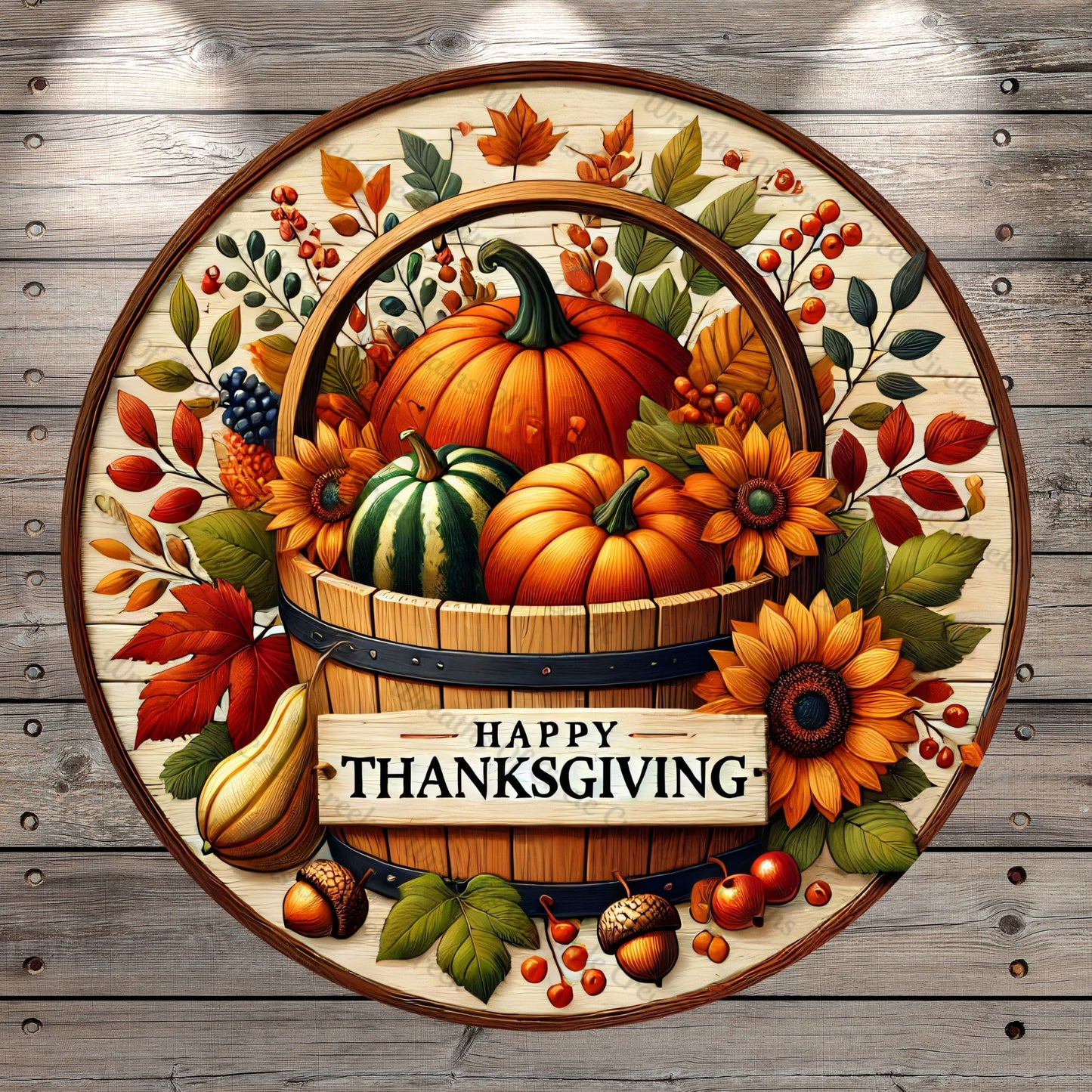 Harvest Basket, Happy Thanksgiving, Pumpkins, Sunflowers, Faux Wood, Round, Light Weight, Metal, Wreath Sign, No Holes In Sign