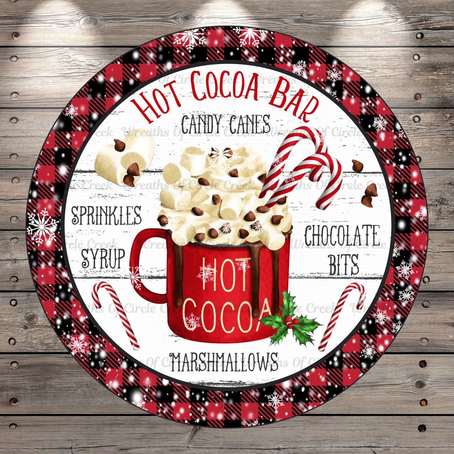 Hot Cocoa Bar, Candy Canes, Red and Black Buffalo Plaid, Round, Light Weight, Metal, Wreath Sign, No Holes In Sign