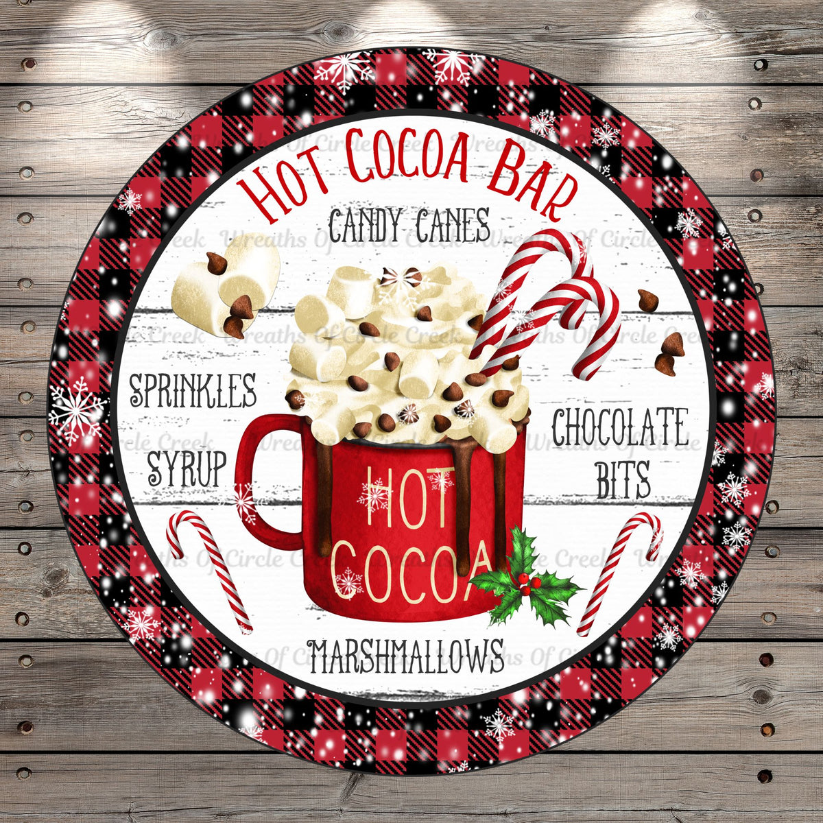 Hot Cocoa Bar, Candy Canes, Red and Black Buffalo Plaid, Round, Light –  Wreaths Of Circle Creek, image size:1200x1200