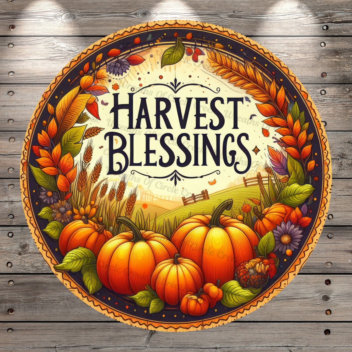 Harvest Blessings, Pumpkin Patch, Country, Round, Light Weight, Metal Wreath Sign, No Holes In Sign