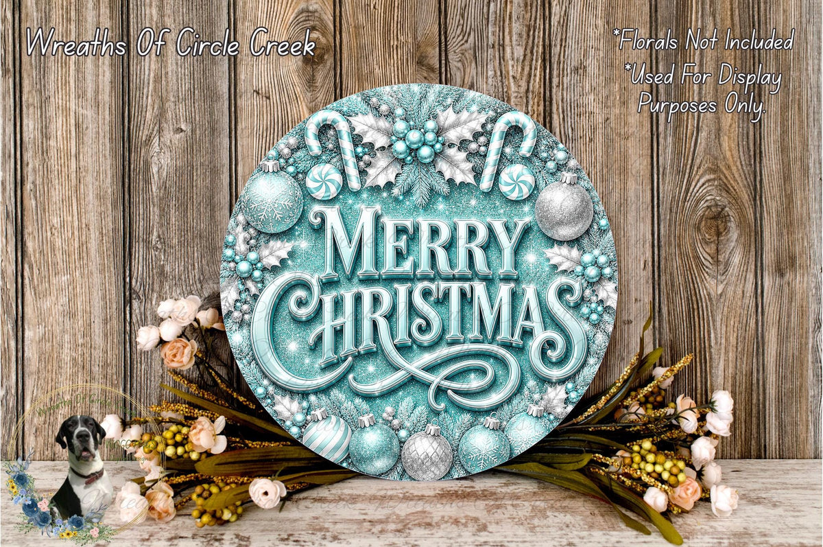 A decorative Christmas wreath with the text "Merry Christmas" displayed prominently. The wreath is adorned with various ornaments, flowers, and other festive elements, creating a cheerful and holiday-themed scene.