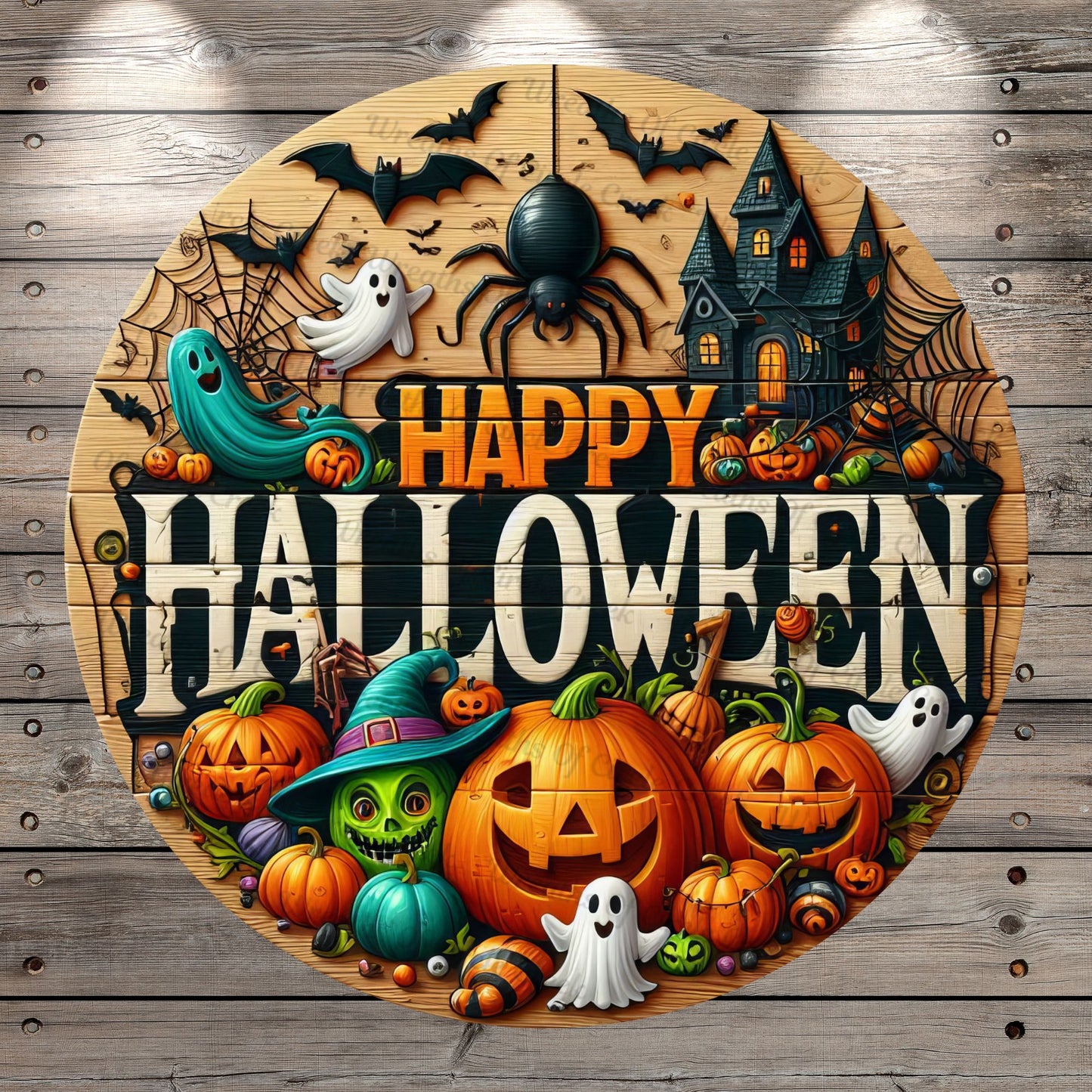 Happy Halloween, Spooky Halloween Friends, Ghosts, Goblin, Witch, Faux 3D, Round, Light Weight, Metal Wreath Sign, No Holes In Sign