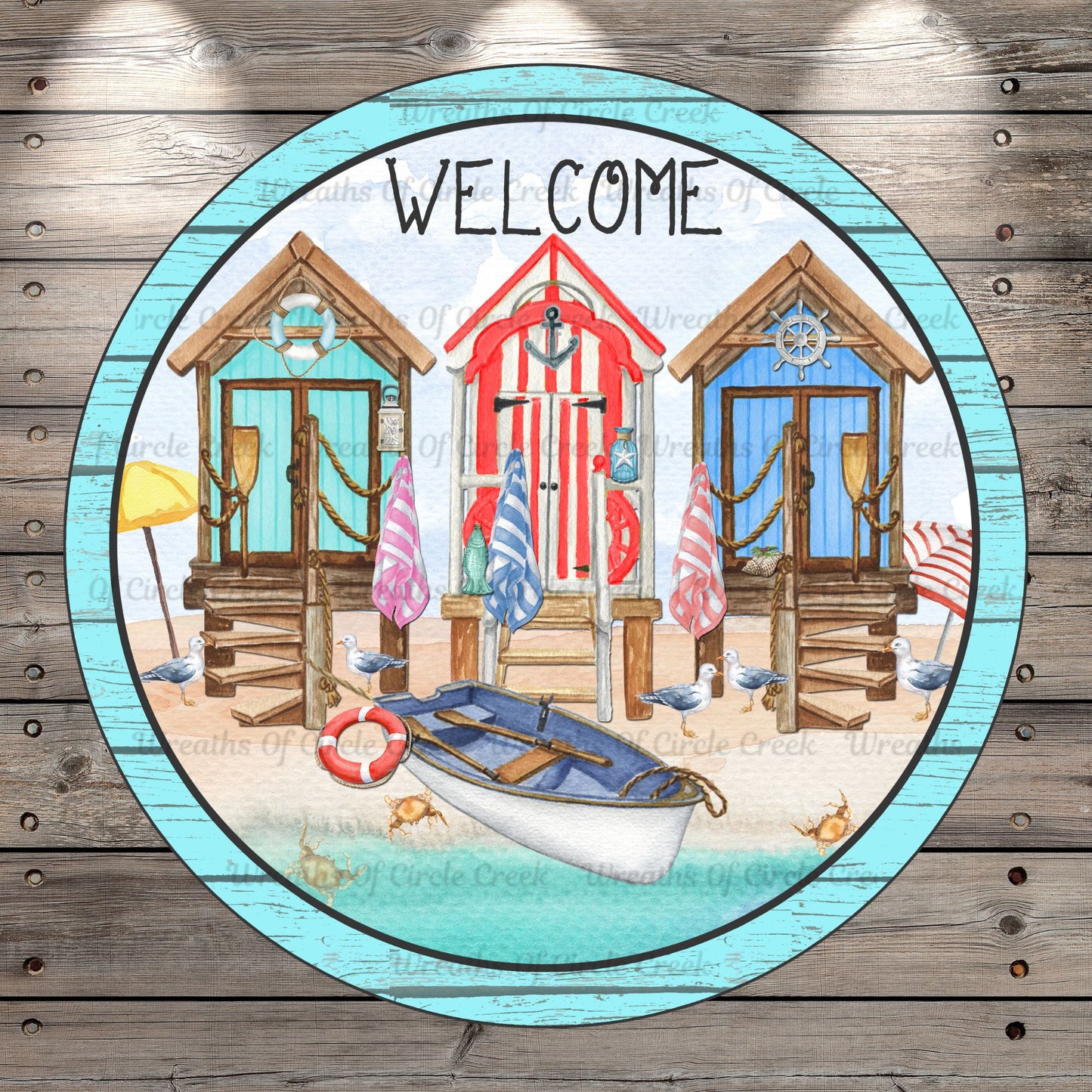 Welcome, Beach, Huts, Boat, Shore, Costal, Nautical, Light Weight, Metal, Wreath Sign, With No Holes
