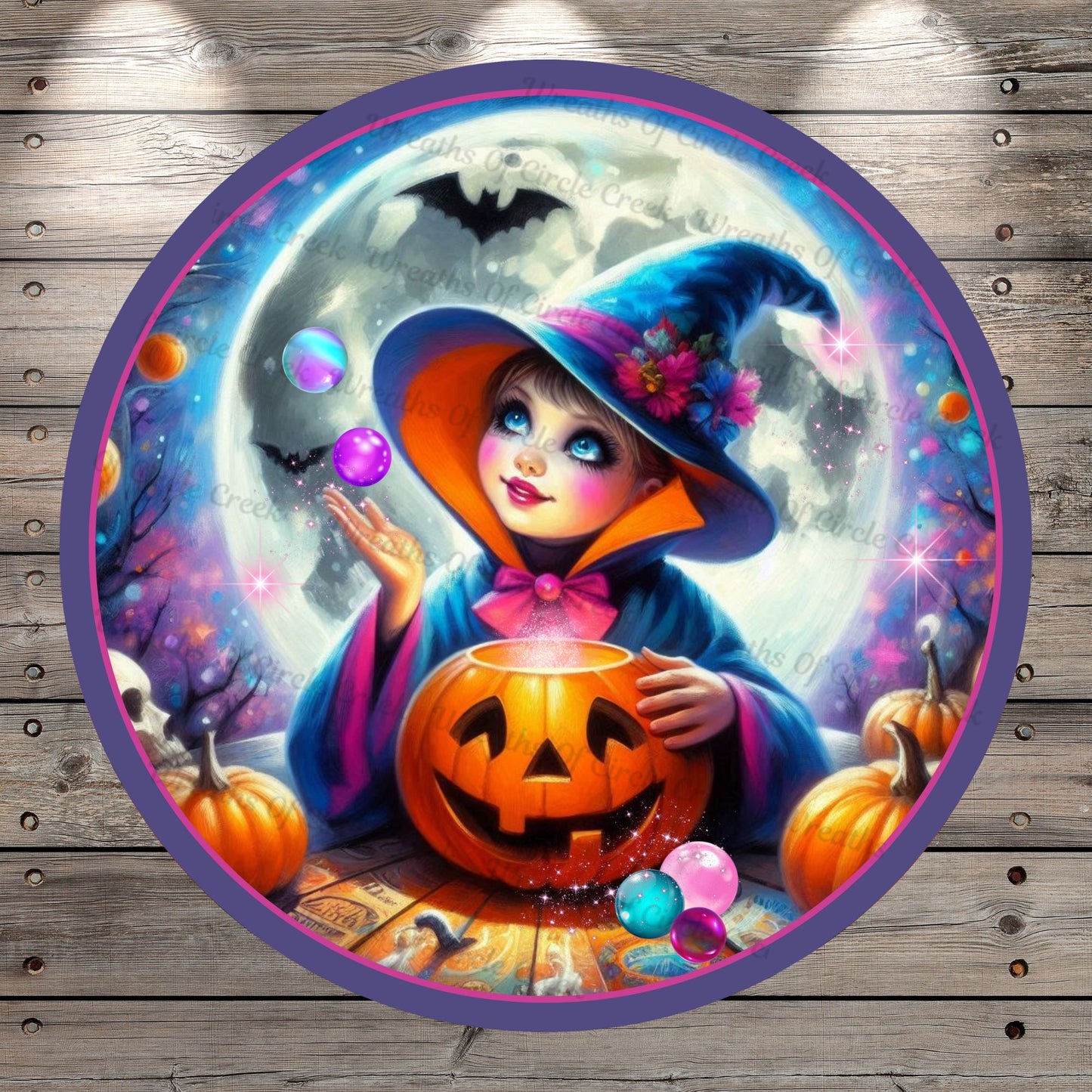 Happy Halloween, Magical, Girl Witch, Jack O Lantern, Round, Light Weight, Metal Wreath Sign, No Holes In Sign