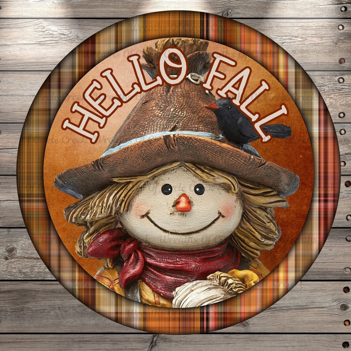 Hello Fall, Scarecrow, Fall Plaid, Round UV Coated, Metal Sign, No Holes