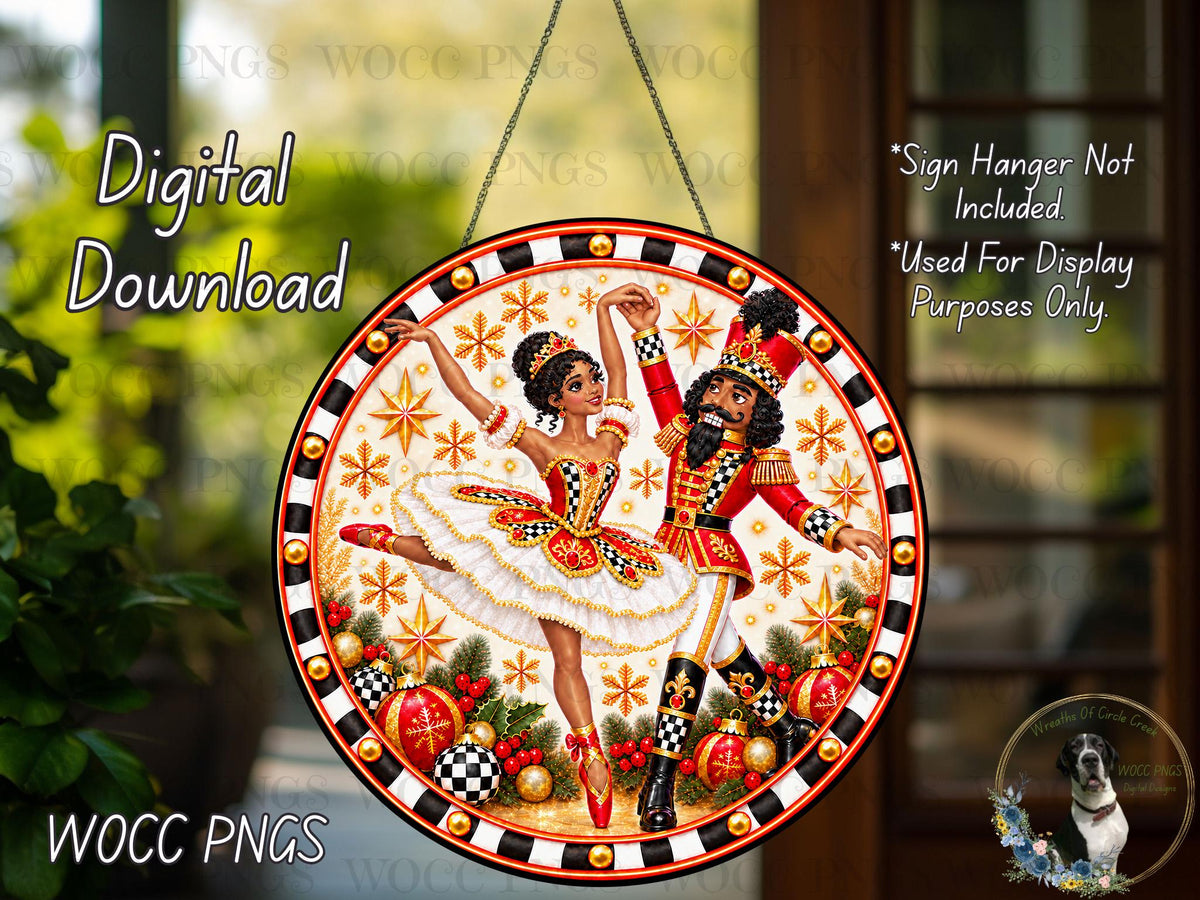 The image is a digital download of a decorative glass piece featuring a nutcracker and a ballerina, with a festive background of Christmas ornaments and a dog.