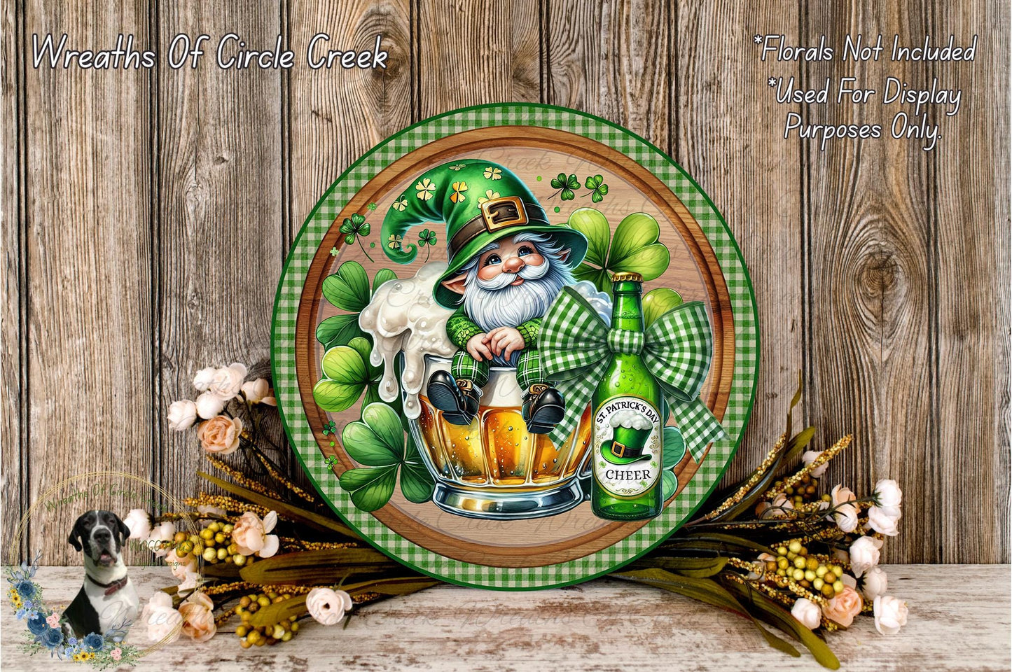 A decorative plate featuring a cartoon leprechaun holding a mug of beer, surrounded by flowers and a green bow.