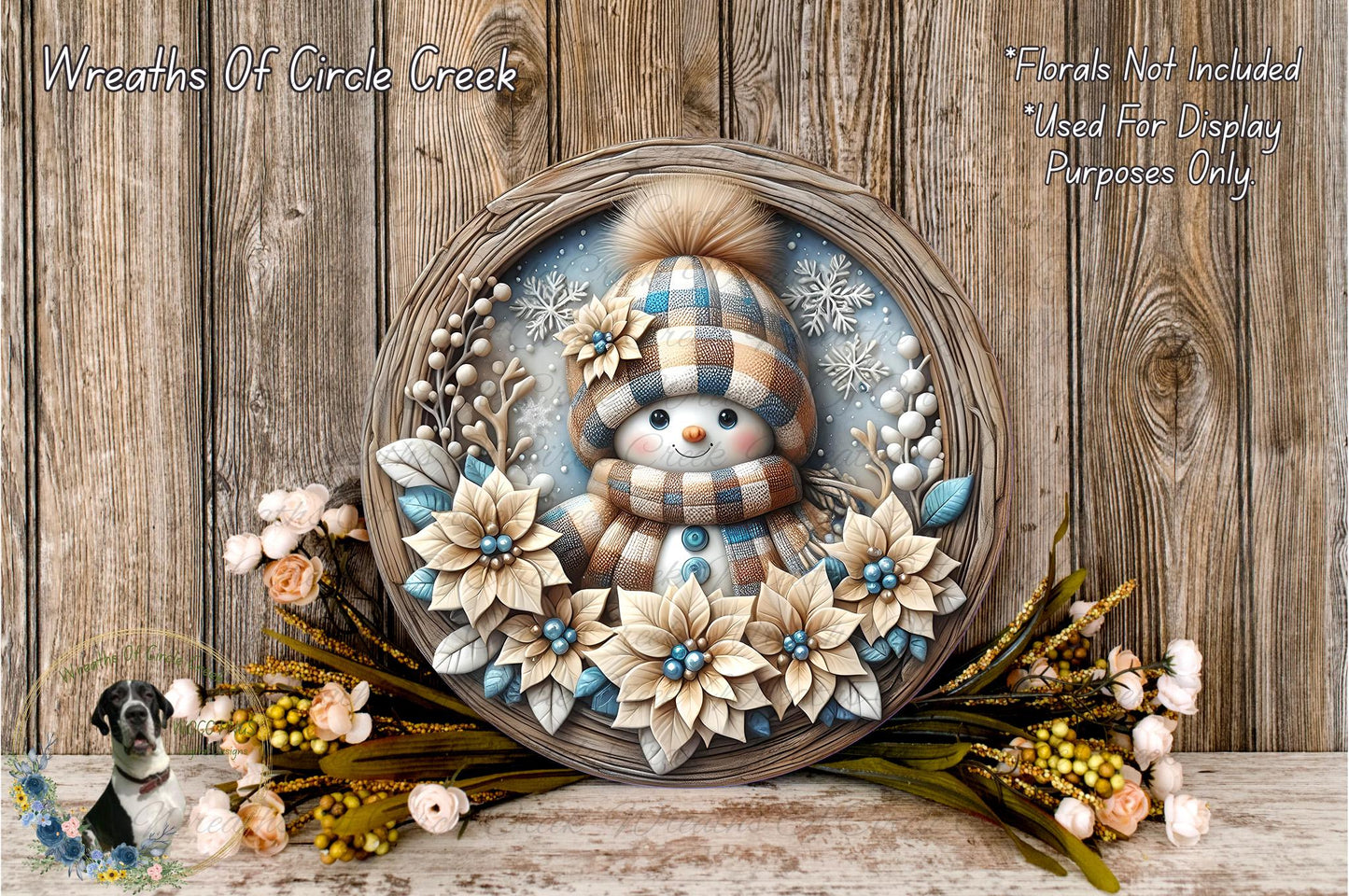 A wreath featuring a snowman and flowers, with a wooden background.