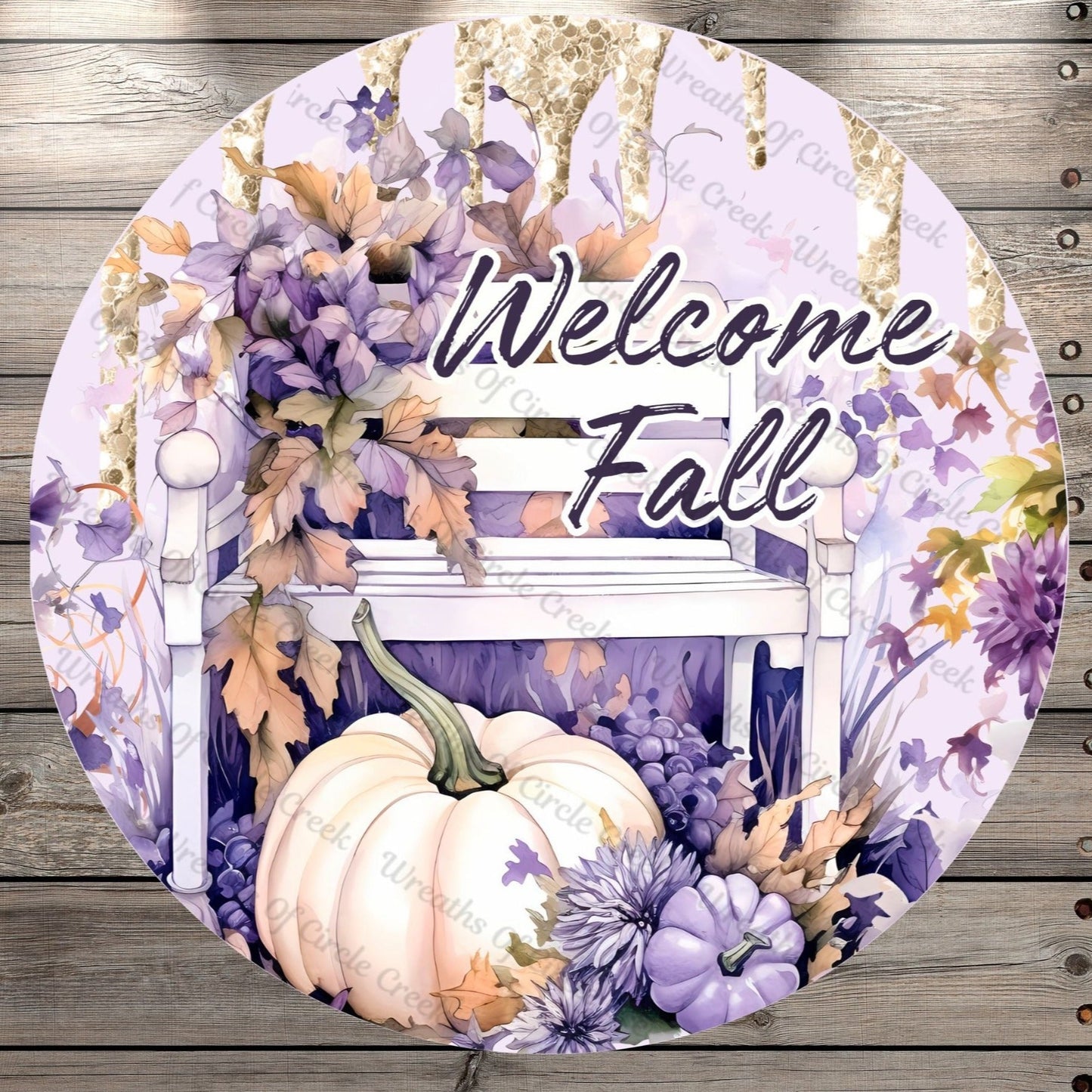 Welcome Fall, Purple, Pumpkins, Fall Foliage, Round UV Coated, Metal Sign, No Holes