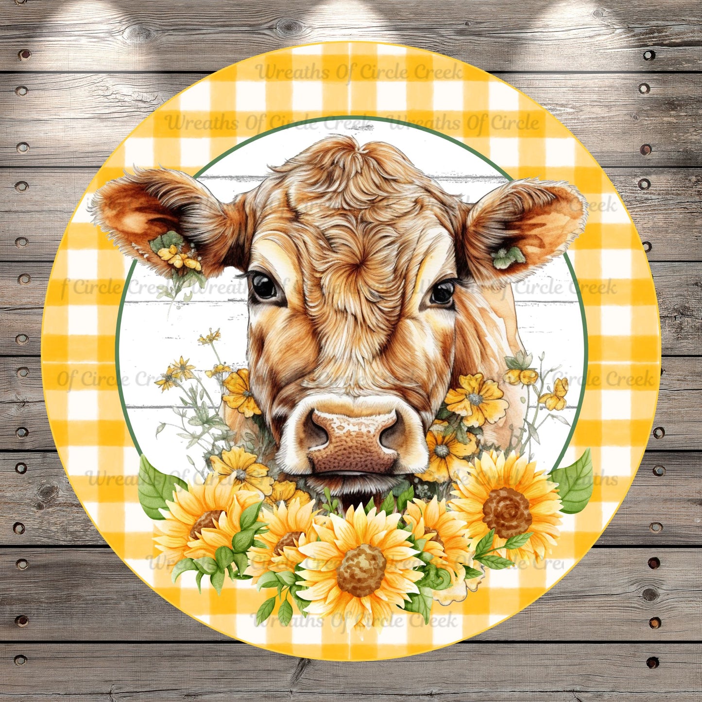 Cow With Sunflowers, Welcome, Farmhouse, Plaid, Light Weight, Metal Wreath Sign, Round UV Coated, No Holes