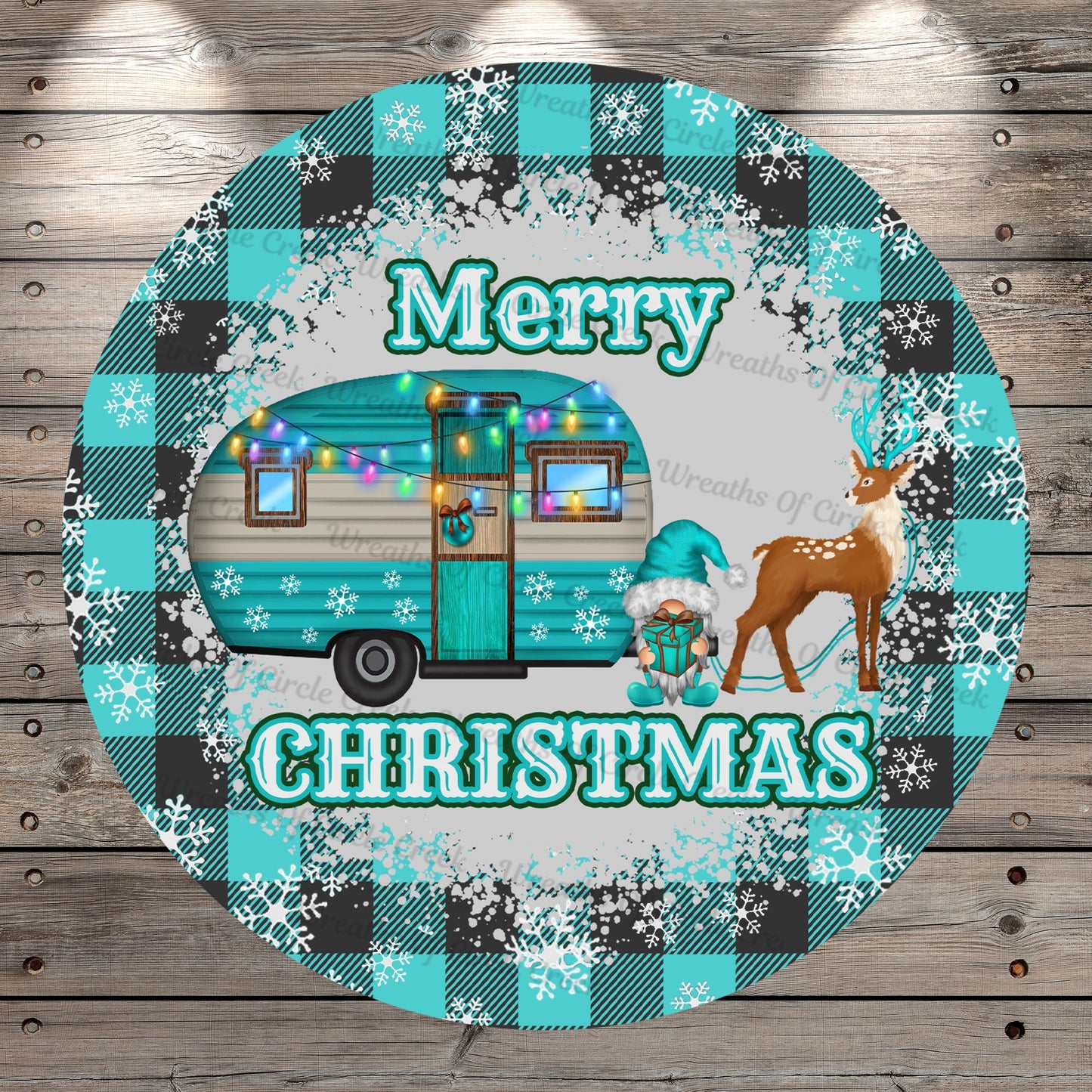 Christmas Camper, Gnomes, Reindeer, Snow, Merry Christmas, Blue and Black, Plaid, Light Weight, Metal, Wreath Sign, No Holes In Sign