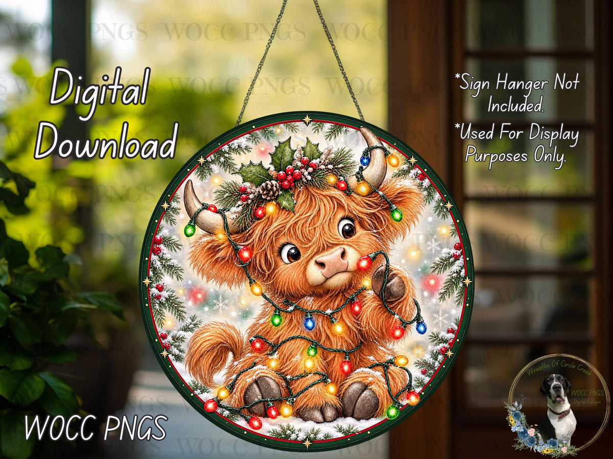 A digital download of a Christmas-themed image featuring a brown cow with a holly wreath on its head, surrounded by colorful Christmas lights.