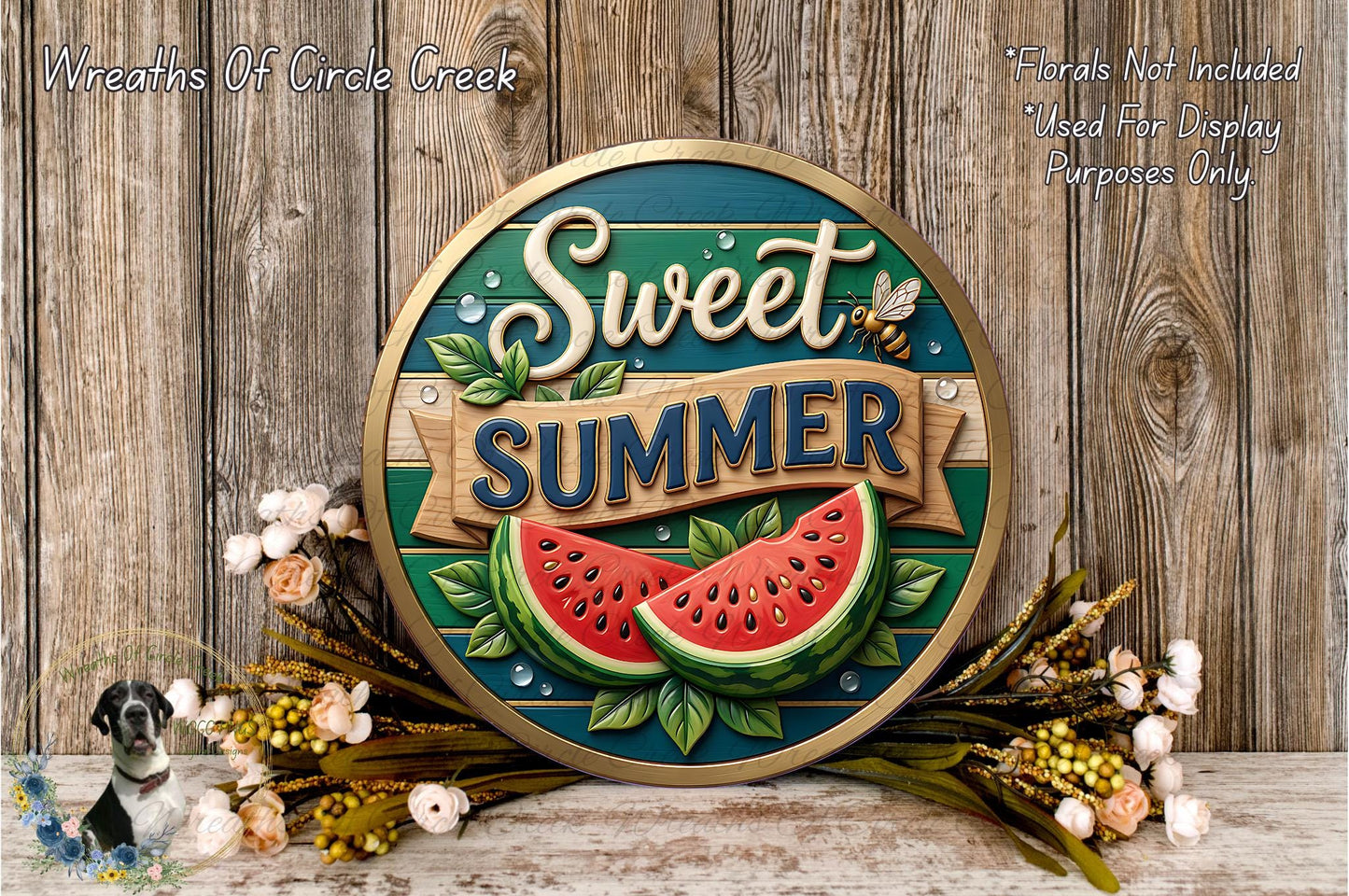 a decorative sign with the text "Sweet Summer" and a watermelon slice, surrounded by flowers and greenery.