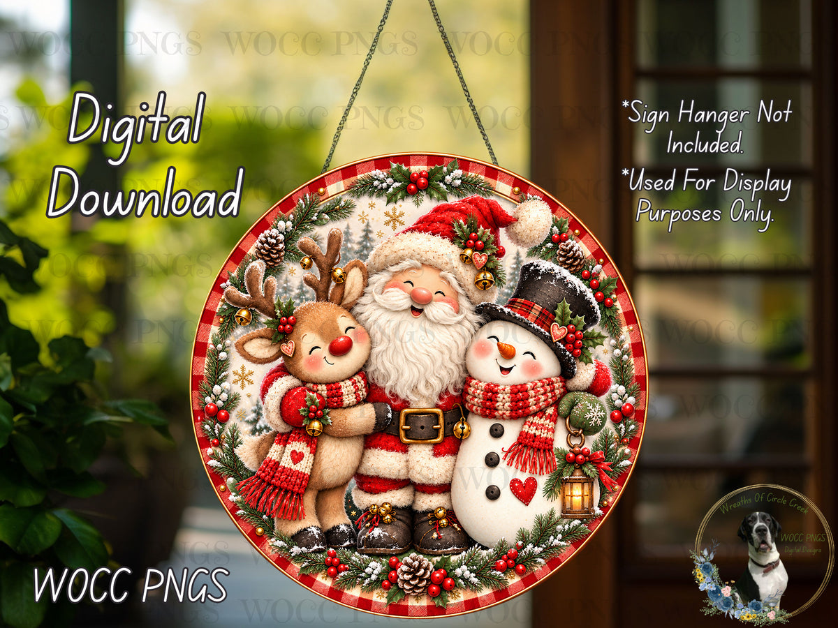 A digital download of a Christmas-themed round sign featuring Santa Claus, a reindeer, a snowman, and a dog.