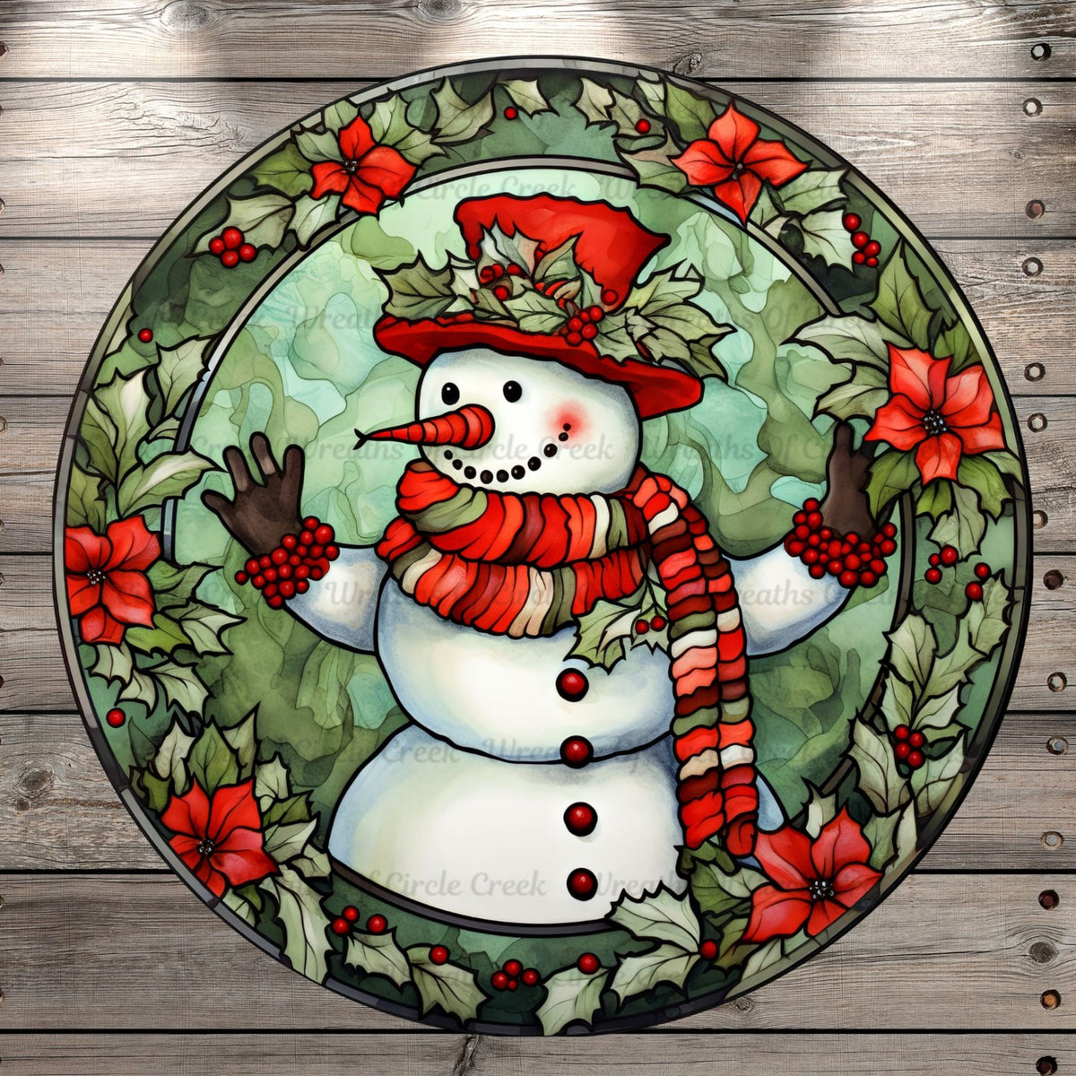 Snowman, Stained Glass Print, Holly Berries, Poinsettias, Round, Light Weight, Metal Wreath Sign, No Holes