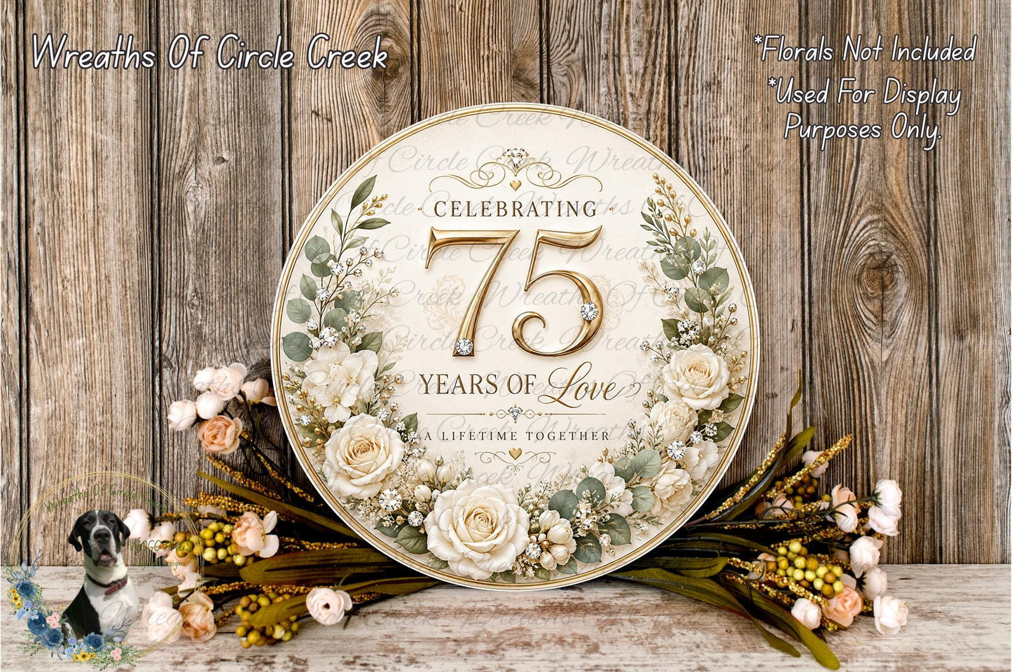 A decorative sign celebrating 75 years of love, surrounded by a floral arrangement and placed on a wooden surface.