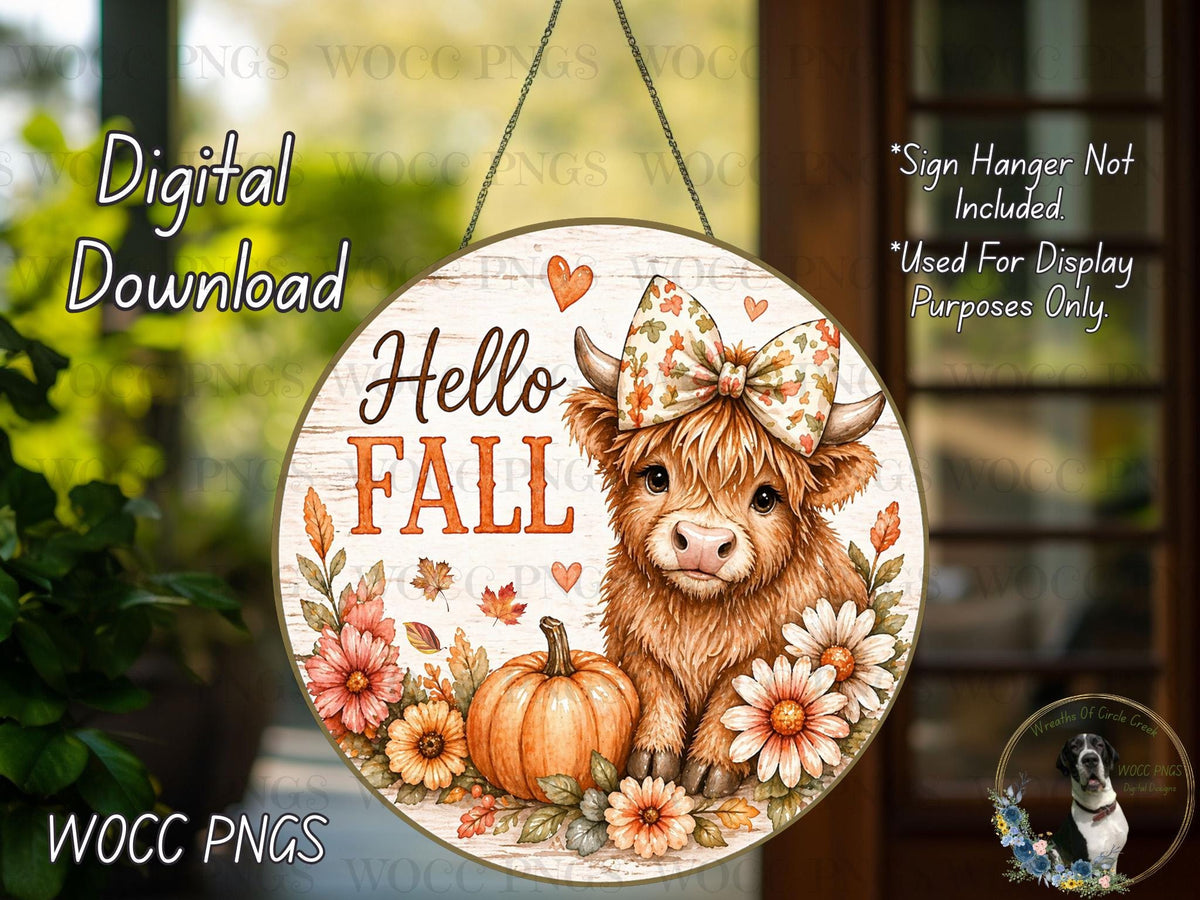 The image is a digital download of a round sign with a cow wearing a bow and surrounded by autumn-themed elements, including a pumpkin and flowers.