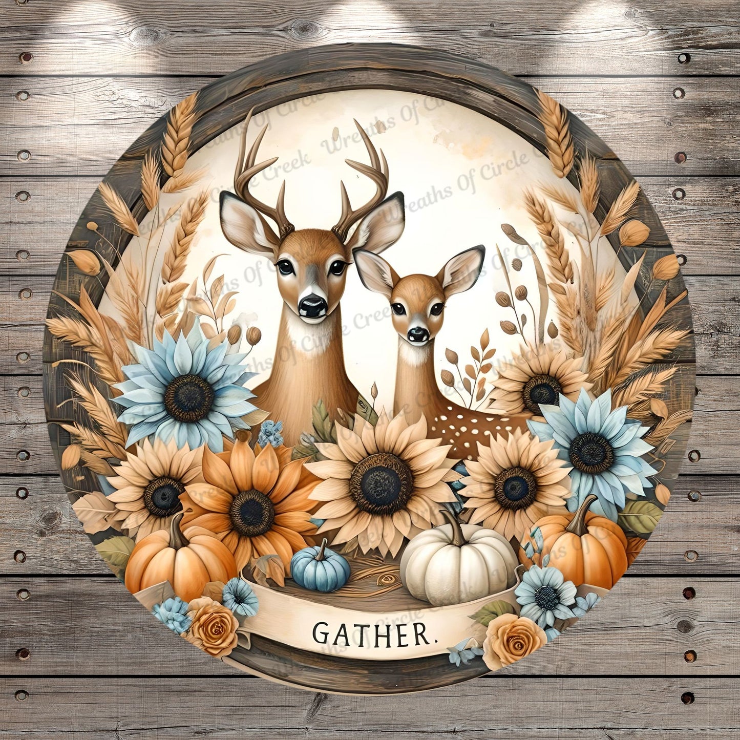 Fall Deer, Gather, Pumpkins, Fall Foliage, Blue, Orange, Rustic, Round, Light Weight, Metal Wreath Sign, No Holes In Sign