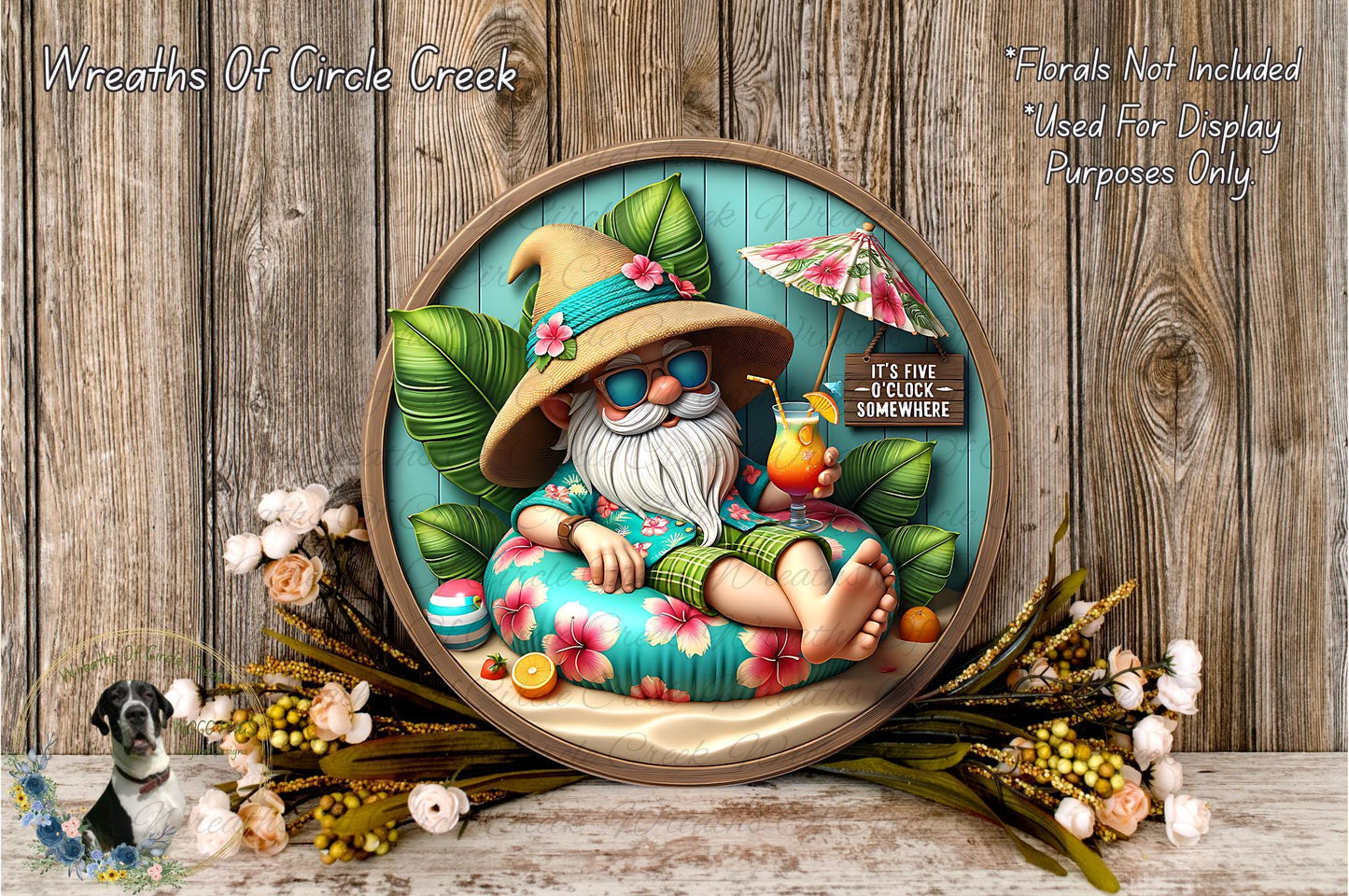 A whimsical illustration of a gnome wearing a hat and sunglasses, sitting on a beach chair and holding a drink, surrounded by tropical flowers and a sign that reads "It's FINE - U-DAY SOMEWHERE".