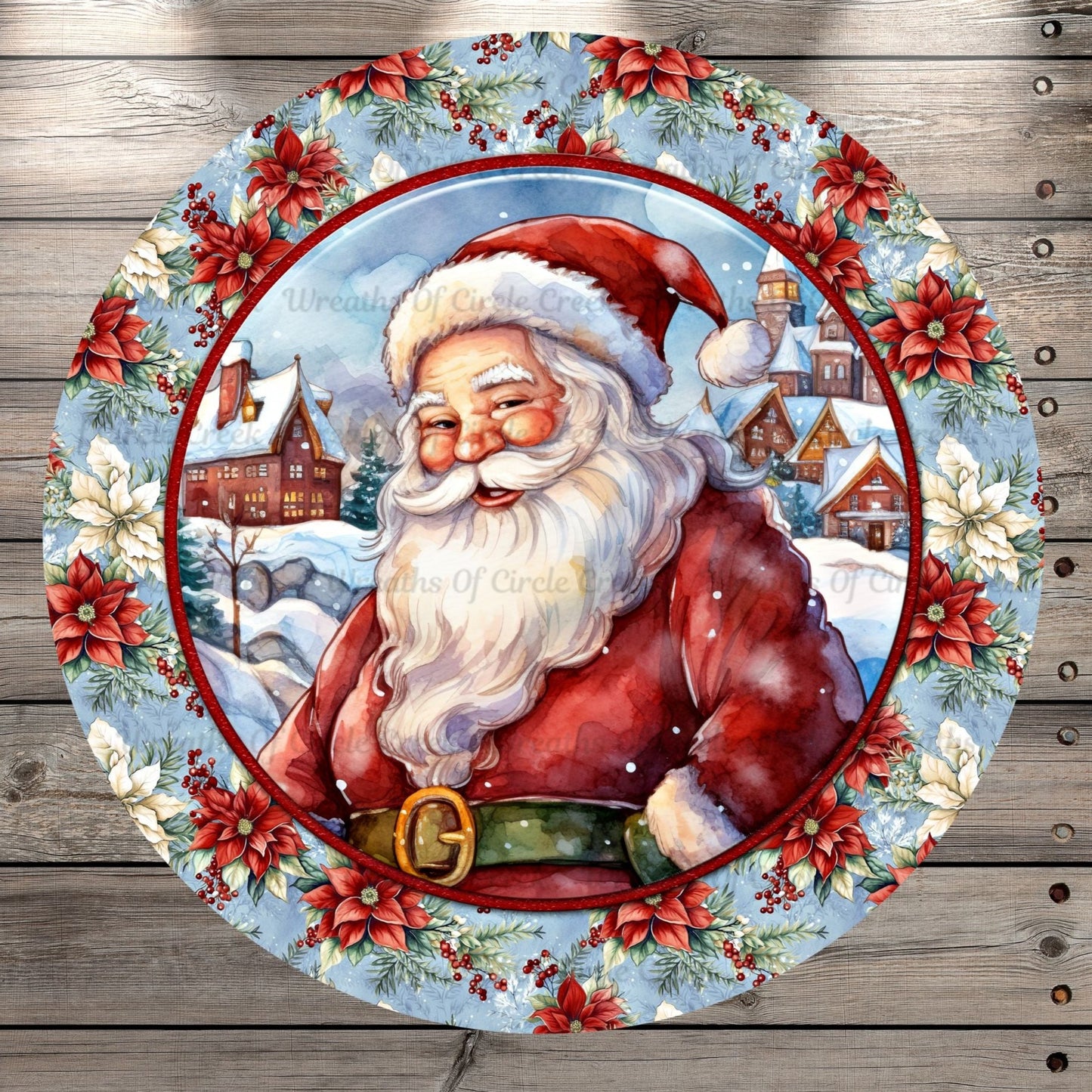 Classic Santa, Red And White Poinsettias, Blue, Round, Light Weight, Metal Wreath Sign, No Holes