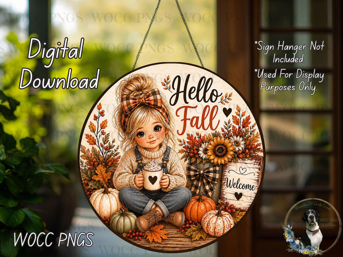 The image is a digital download of a round sign featuring a young girl sitting on a wooden bench surrounded by autumn decorations, including pumpkins, sunflowers, and a "Welcome" sign.