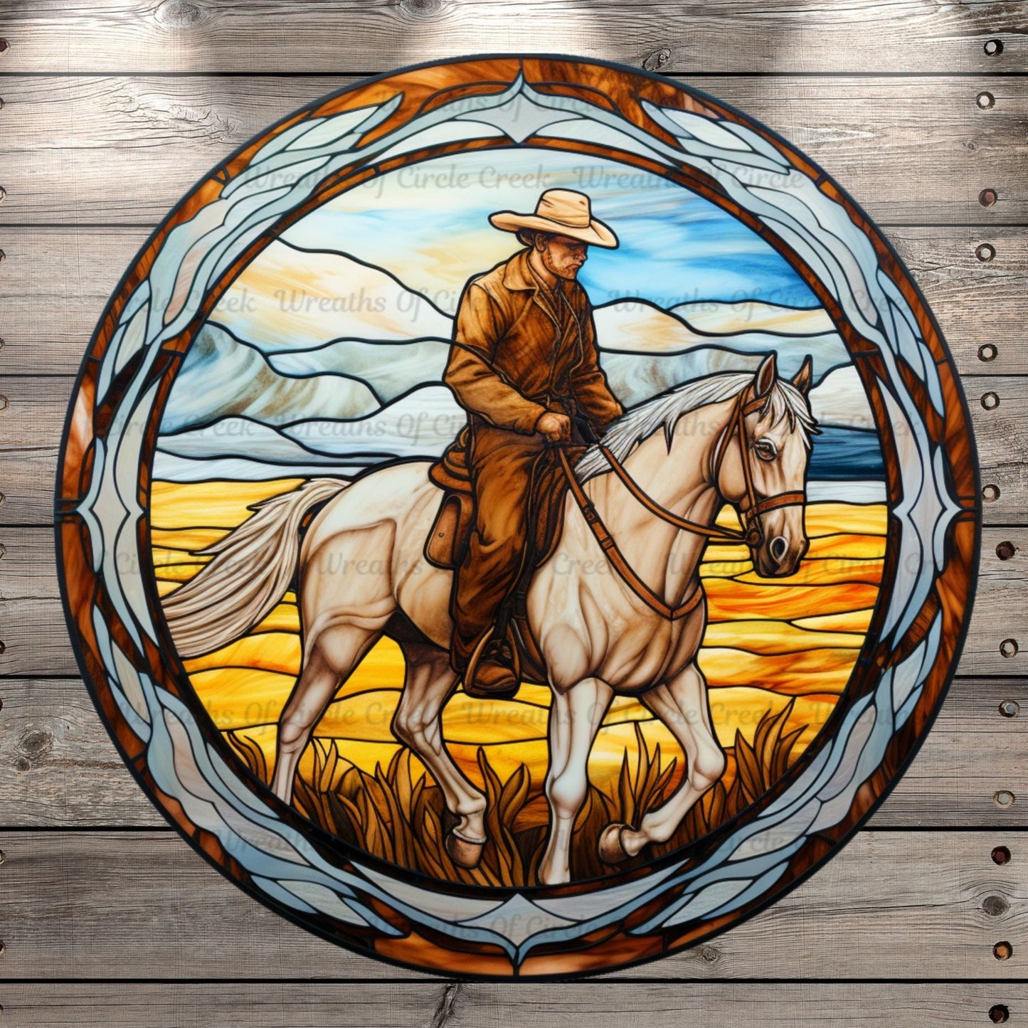 Cowboy And White Horse, Stain Glass Print, Ranch, Western, Light Weight, Metal Wreath Sign, No Holes