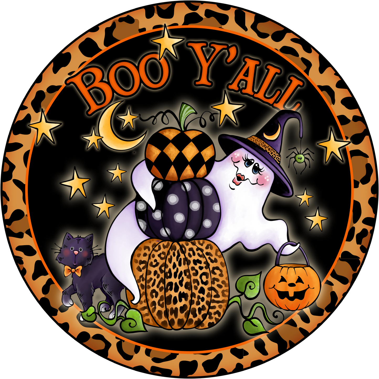 Boo Y'all Ghost, Leopard Border, Round UV Coated, Metal Sign, No Holes