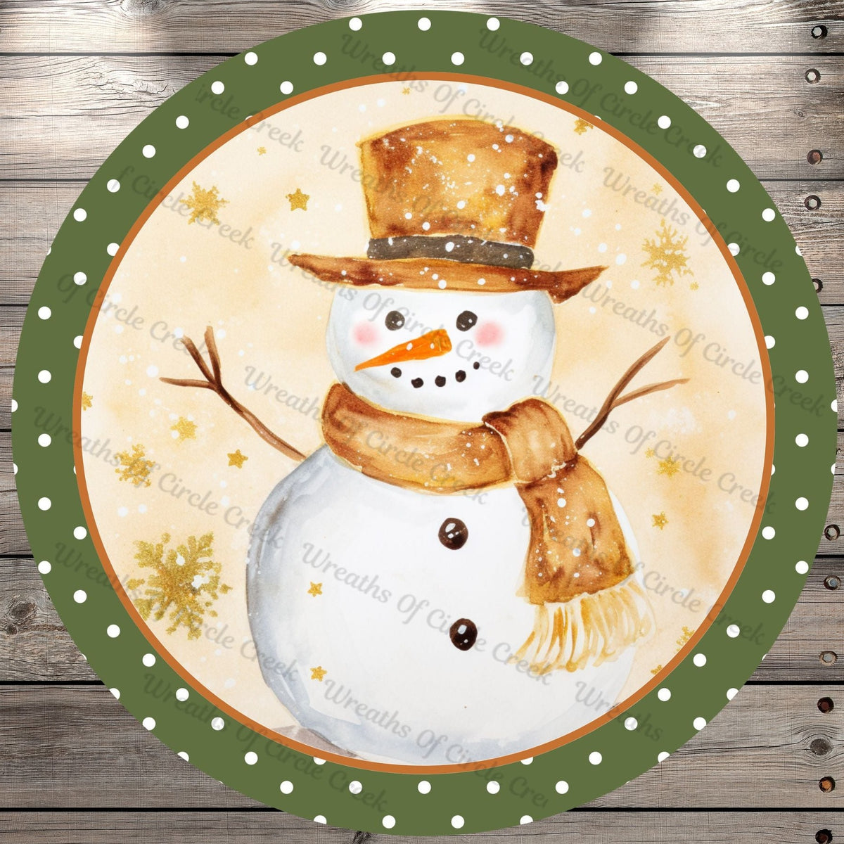 Gold Snowman, Gold Vintage Border, Winter, Round, Light Weight, Metal Wreath Sign, No Holes
