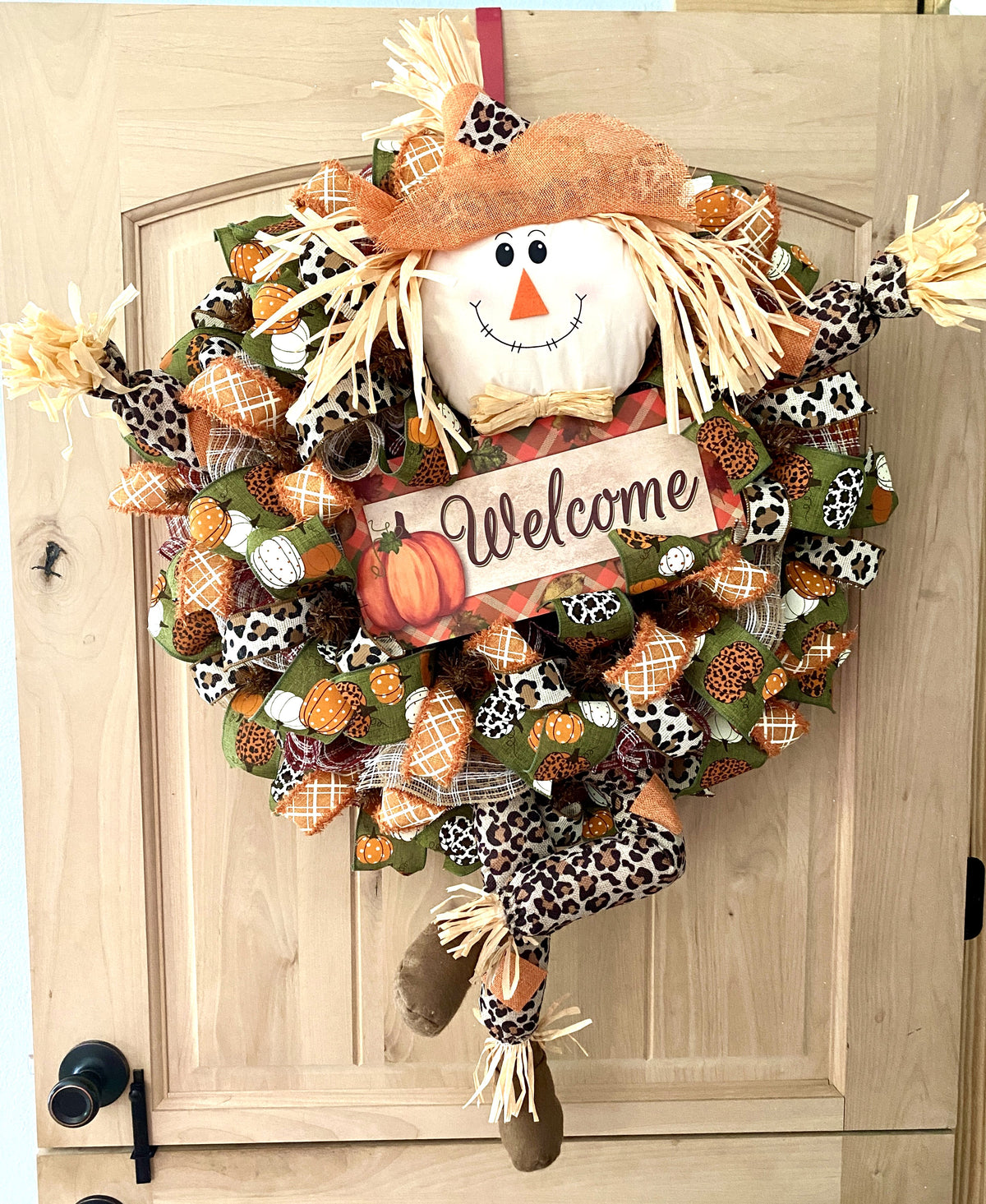 Scarecrow Wreath, Welcome, Fall, Leopard, Cheetah, Pattern Pumpkins, Wired Ribbon, Deco Mesh Wreath, Large