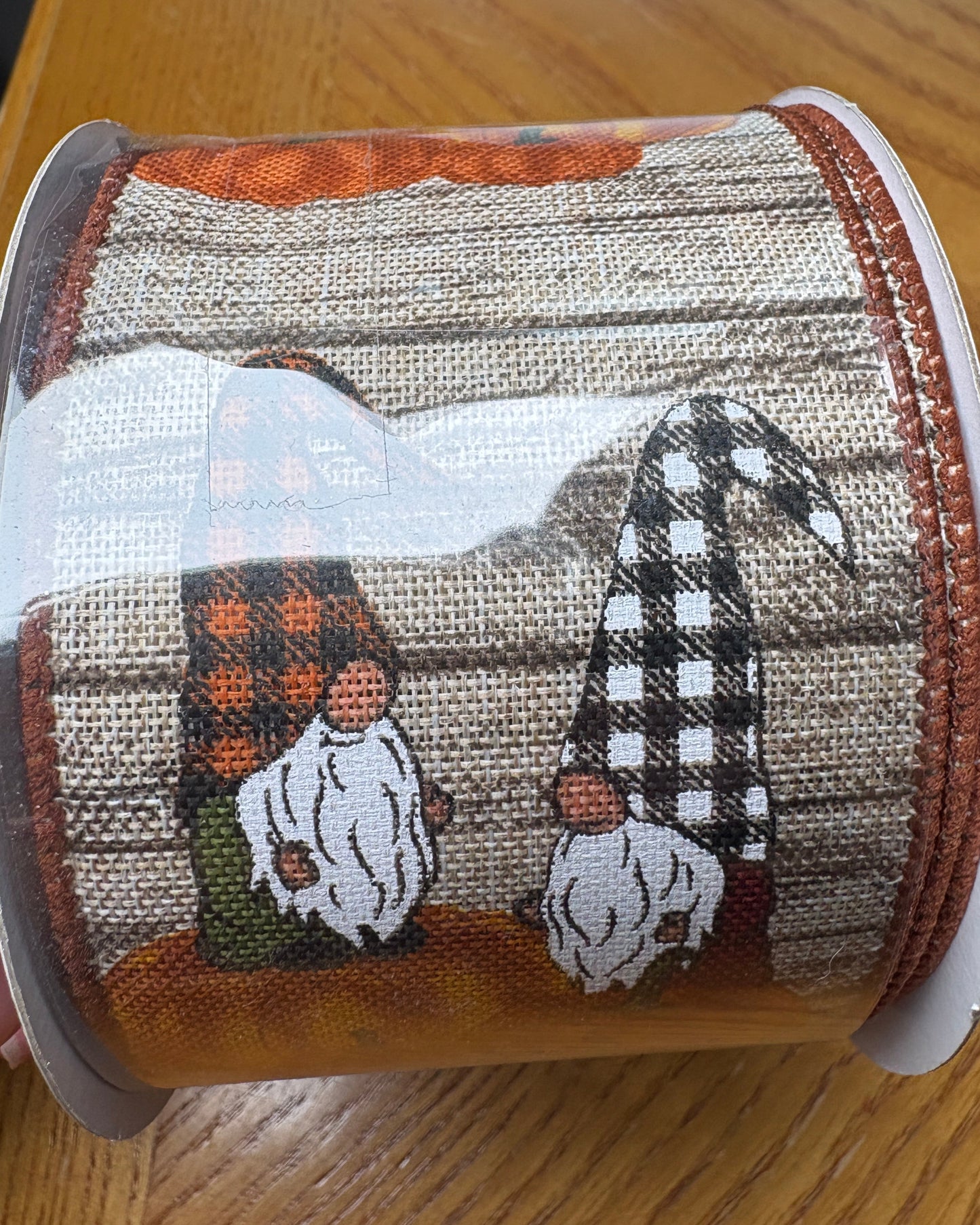 Fall Gnomes, Pumpkins, Wood Print, Ribbon, Wired Edges, Canvas, 2.5" X 10 Yards