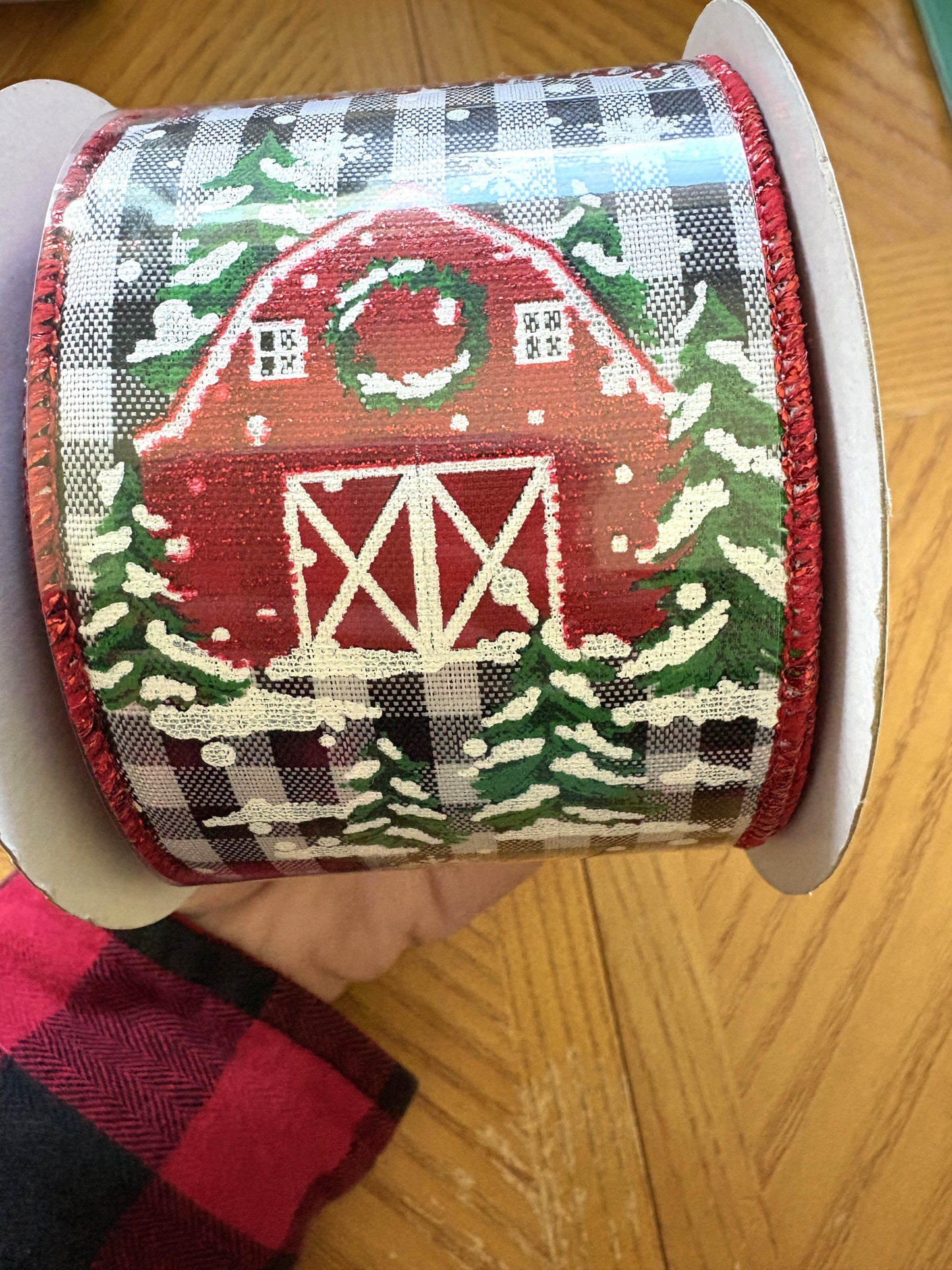 Merry Christmas Barn, On Check, Wired Ribbon, 2.5" X 10YD, RGB1078X6